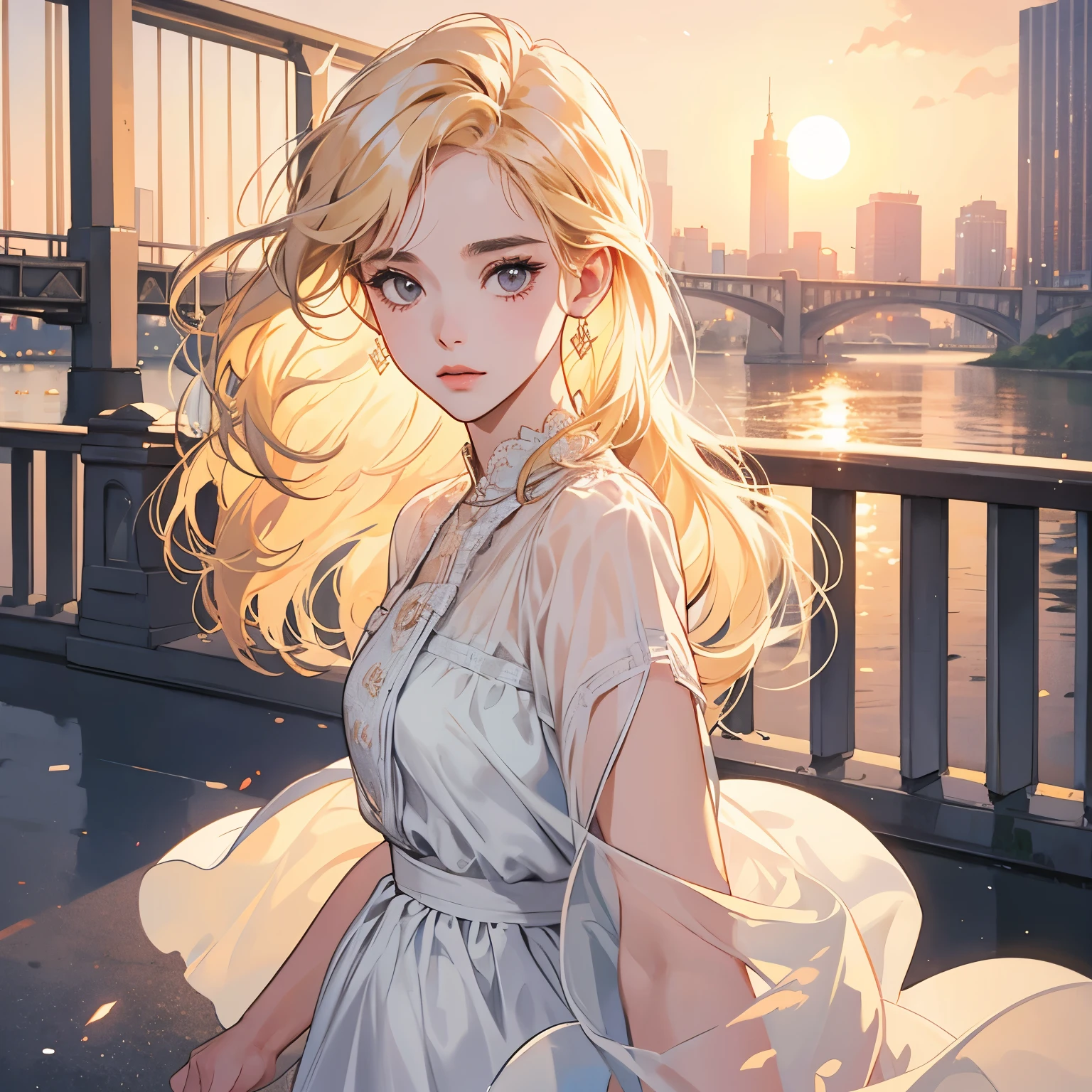 whole body、Kind Face、1 pretty woman、White blouse、Pedestrian bridge、skyscraper、Sunset、Complex background、Detailed Hair、pale golden hair、Faint lighting、There is movement