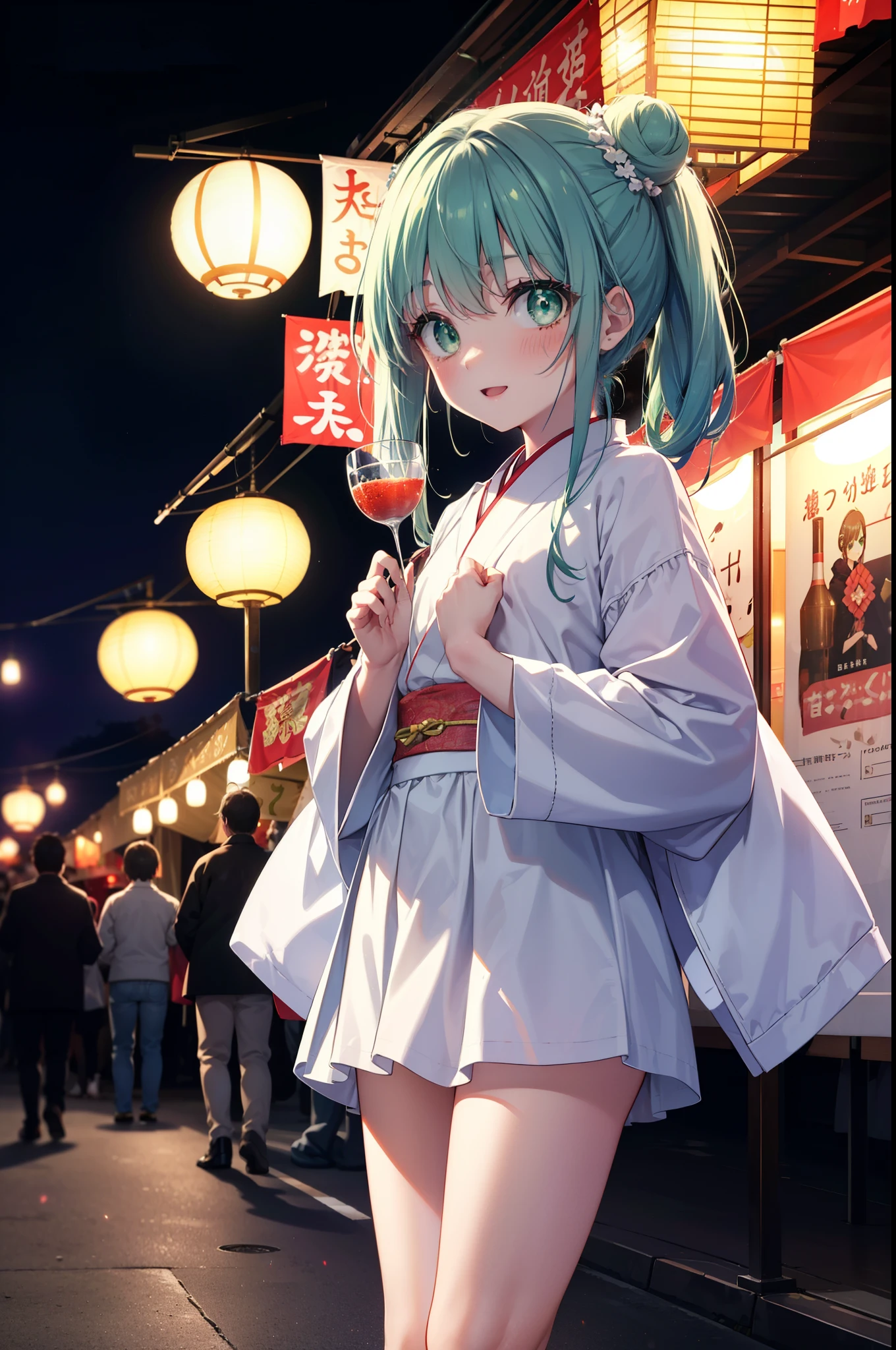 index, index, (Green Eyes:1.5), Blue Hair, Long Hair, (Flat Chest:1.2),smile,blush,Happy atmosphere,Open your mouth,Long Hair,Hair Bun, double  Hair Bun,White bathrobe,Long sleeve,mini skirt,Sandals,night空の花火,Fireworks display,Japanese Festivals,Summer festival food stalls,Red Lantern, night,whole bodyがイラストに入るように,Looking down from above,He is holding cotton candy in his right hand,
break outdoors, shrine,                                              break looking at viewer,whole body,(Cowboy Shot:1. 5)
break (masterpiece:1.2), highest quality, High resolution, unity 8k wallpaper, (shape:0.8), (Beautiful and beautiful eyes:1.6), Highly detailed face, Perfect lighting, Extremely detailed CG, (Perfect hands, Perfect Anatomy),