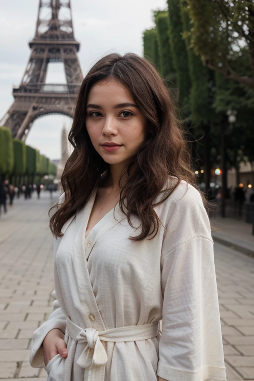 Fille, asiatique, brune, wavy hair, Outside, Realistic, lumière Realistic, Outside, cheveux brun, wavy hair, 23 ans, jeune, well dressed, robe verte, Tour Eiffel, Trocadero, belle, High quality, HD, très Realistic