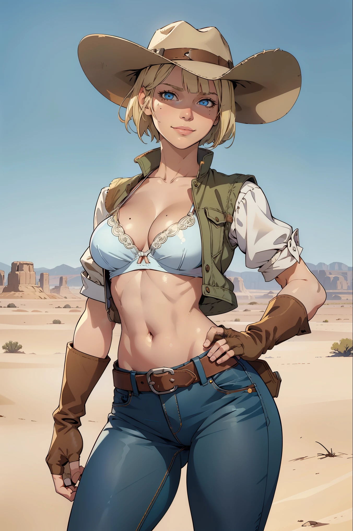 1girl, cowboy hat, white bra, green vest, no sleeves, navel, blue jeans, brown boots, fingerless gloves, short gloves, slight smile, short hair, blonde hair, parted bangs, blue eyes, mole under right eye, American Old West, sunny desert background, belt, best quality, masterpiece