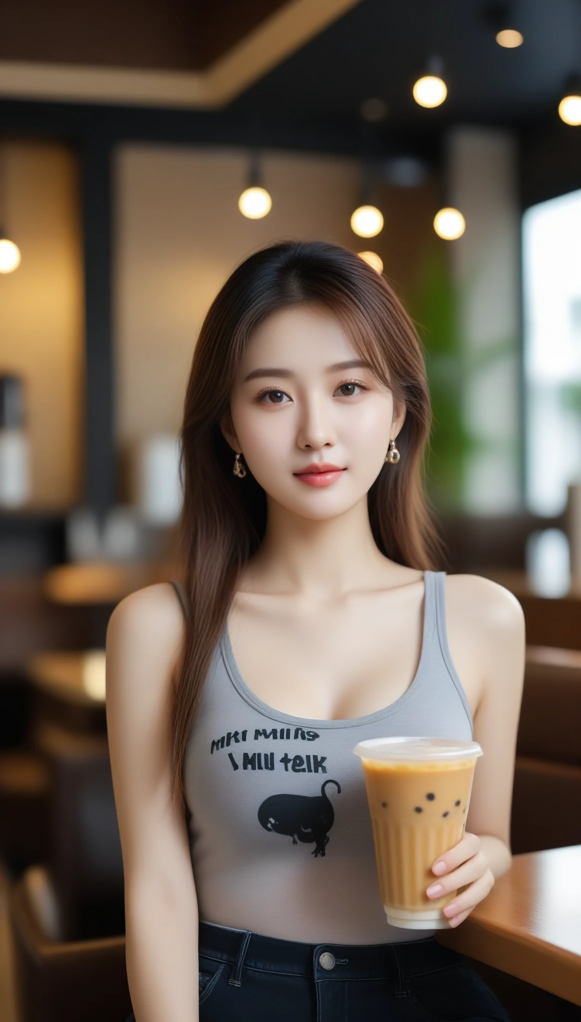 close-up of beautiful korean female, 34 inches breasts size, wearing punk tank top, pants, holding milk tea, at the luxury cafe, bokeh background, UHD