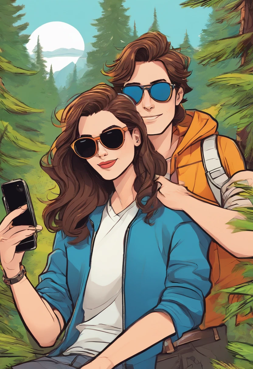 (1girl with long brown hair wearing sunglasses), (1boy with (black short hair), sunglasses and pants), couple taking selfie in the pine forest, mountains and blue sky background, disney pixar style, highly detailed, photorealistic, vibrant colors, perfect lighting, sharp focus, 8k, high quality