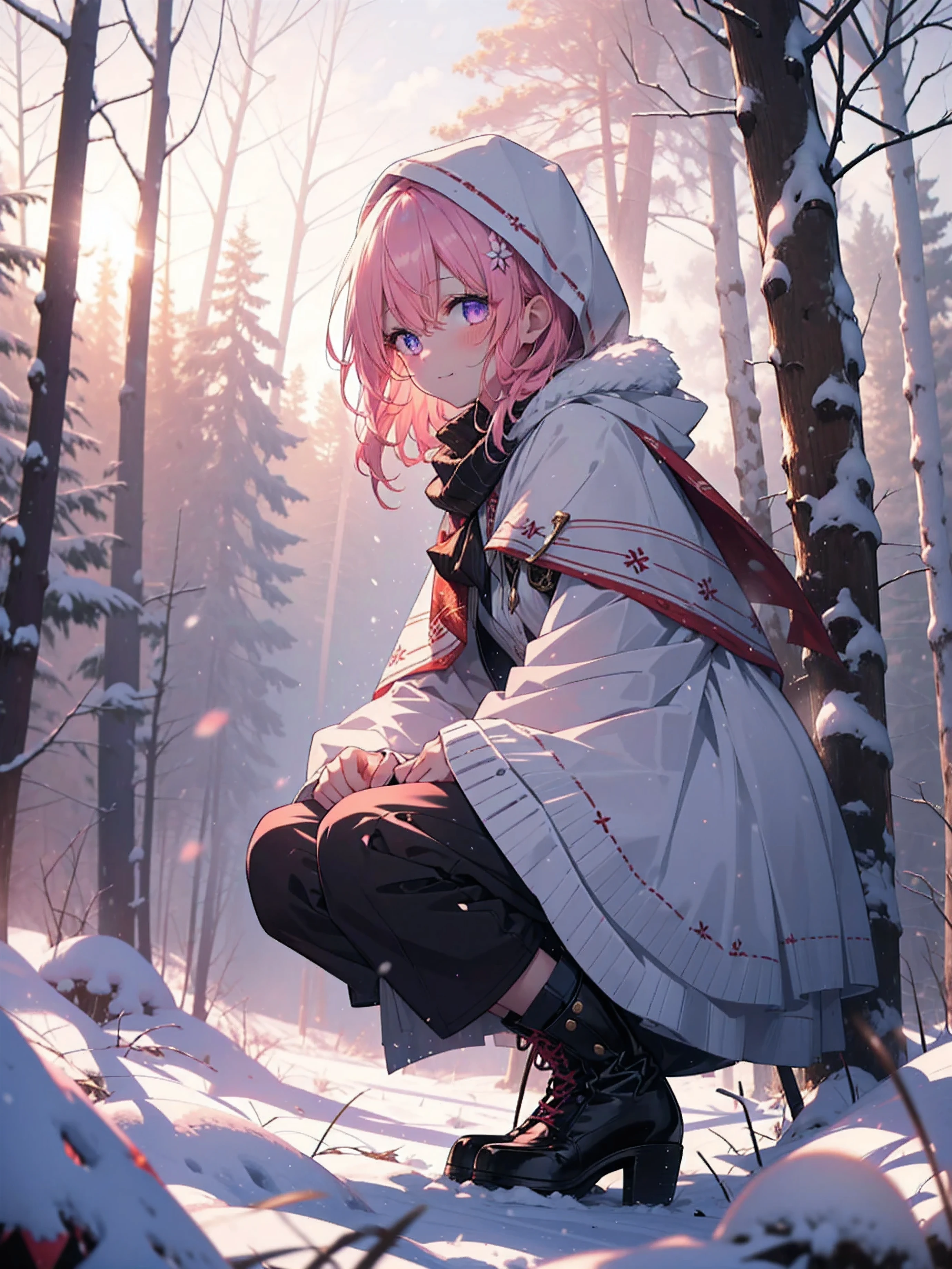 Model Luke, Momo Model Building Luke, Pink Hair,devil&#39;tail, Hair Flower, hair ornaments, (Purple eyes:1.1), smile,blush,White Breath,
Open your mouth,snow,Ground bonfire, Outdoor, boots, snowing, From the side, wood, suitcase, Cape, Blurred, Increase your meals, forest, White handbag, nature,  Squat, Mouth closed, Hooded Cape, winter, Written boundary depth, Black shoes, red Cape break looking at viewer, Upper Body, whole body, break Outdoor, forest, nature,
break (masterpiece:1.2), highest quality, High resolution, unity 8k wallpaper, (shape:0.8), (beautiful deしっぽed eyes:1.6), extremely deしっぽed face, Perfect lighting, extremely deしっぽed CG, (Perfect hands, Perfect Anatomy),