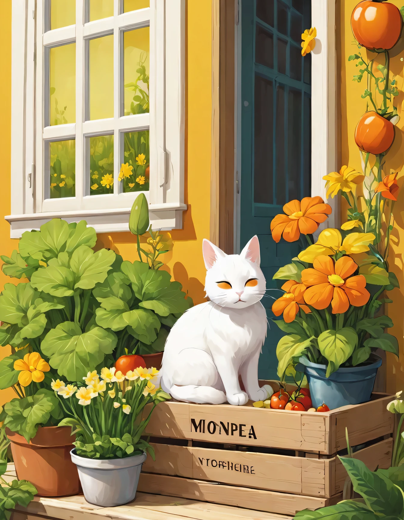 hezi, fresh illustration, flat paint style, no humans, rabbit, leaf, cat, plant, grass, flower, carrot, window, animal, basket, food, white cat, animal focus, tomato, simple background, fruit, pumpkin, sitting, potted plant, lettuce, door, closed eyes, yellow flower, tree, open window, apple, storefront, artist name, vegetable, crate, curtains, orange flower, scenery, outdoors, windowsill, mushroom, english text, yellow background, sign, sleeping, house, signature, 