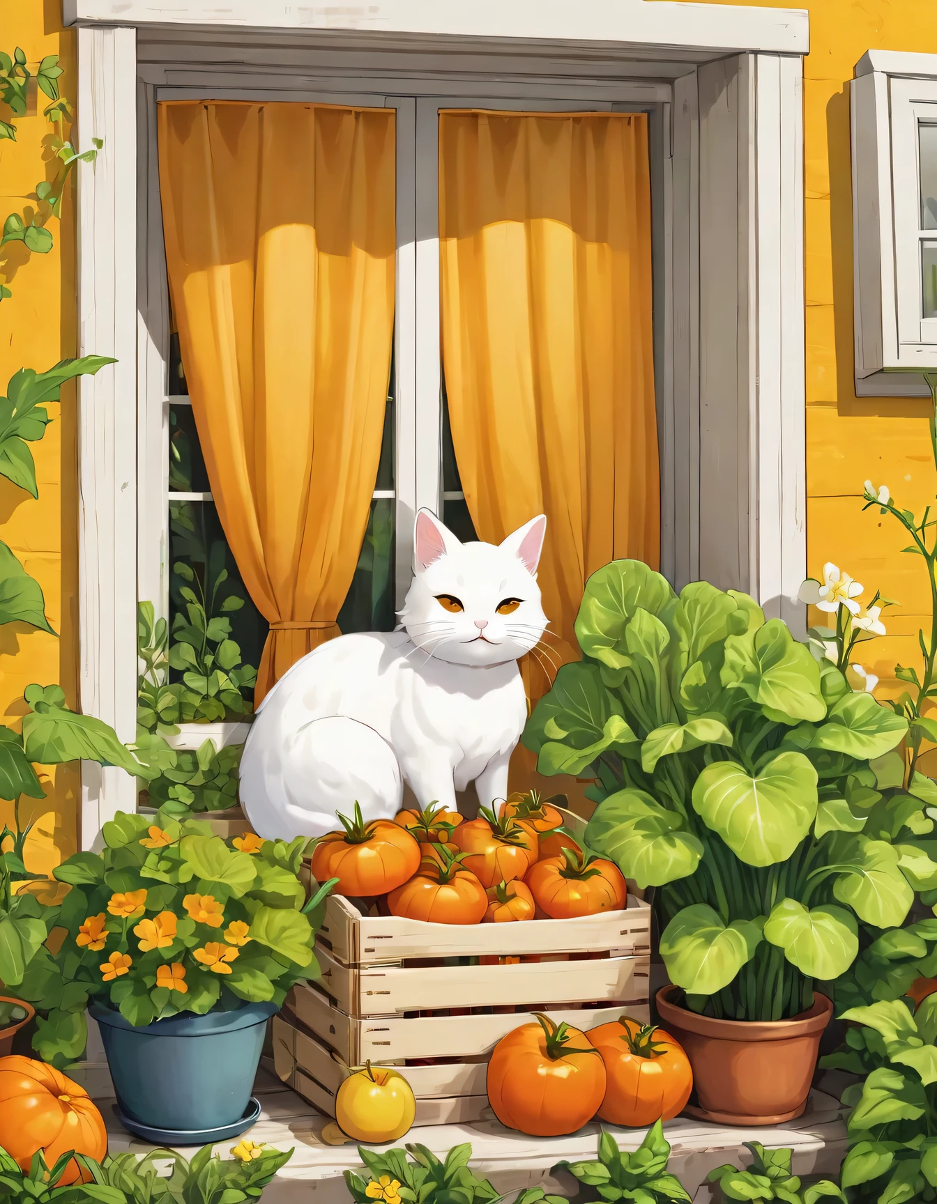 hezi, fresh illustration, flat paint style, no humans, rabbit, leaf, cat, plant, grass, flower, carrot, window, animal, basket, food, white cat, animal focus, tomato, simple background, fruit, pumpkin, sitting, potted plant, lettuce, door, closed eyes, yellow flower, tree, open window, apple, storefront, artist name, vegetable, crate, curtains, orange flower, scenery, outdoors, windowsill, mushroom, english text, yellow background, sign, sleeping, house, signature, 