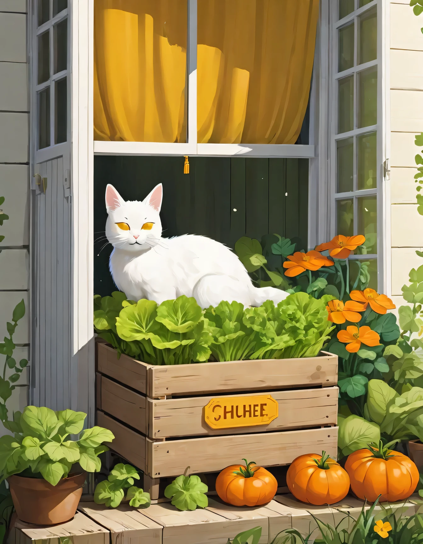 hezi, fresh illustration, flat paint style, no humans, rabbit, leaf, cat, plant, grass, flower, carrot, window, animal, basket, food, white cat, animal focus, tomato, simple background, fruit, pumpkin, sitting, potted plant, lettuce, door, closed eyes, yellow flower, tree, open window, apple, storefront, artist name, vegetable, crate, curtains, orange flower, scenery, outdoors, windowsill, mushroom, english text, yellow background, sign, sleeping, house, signature, 