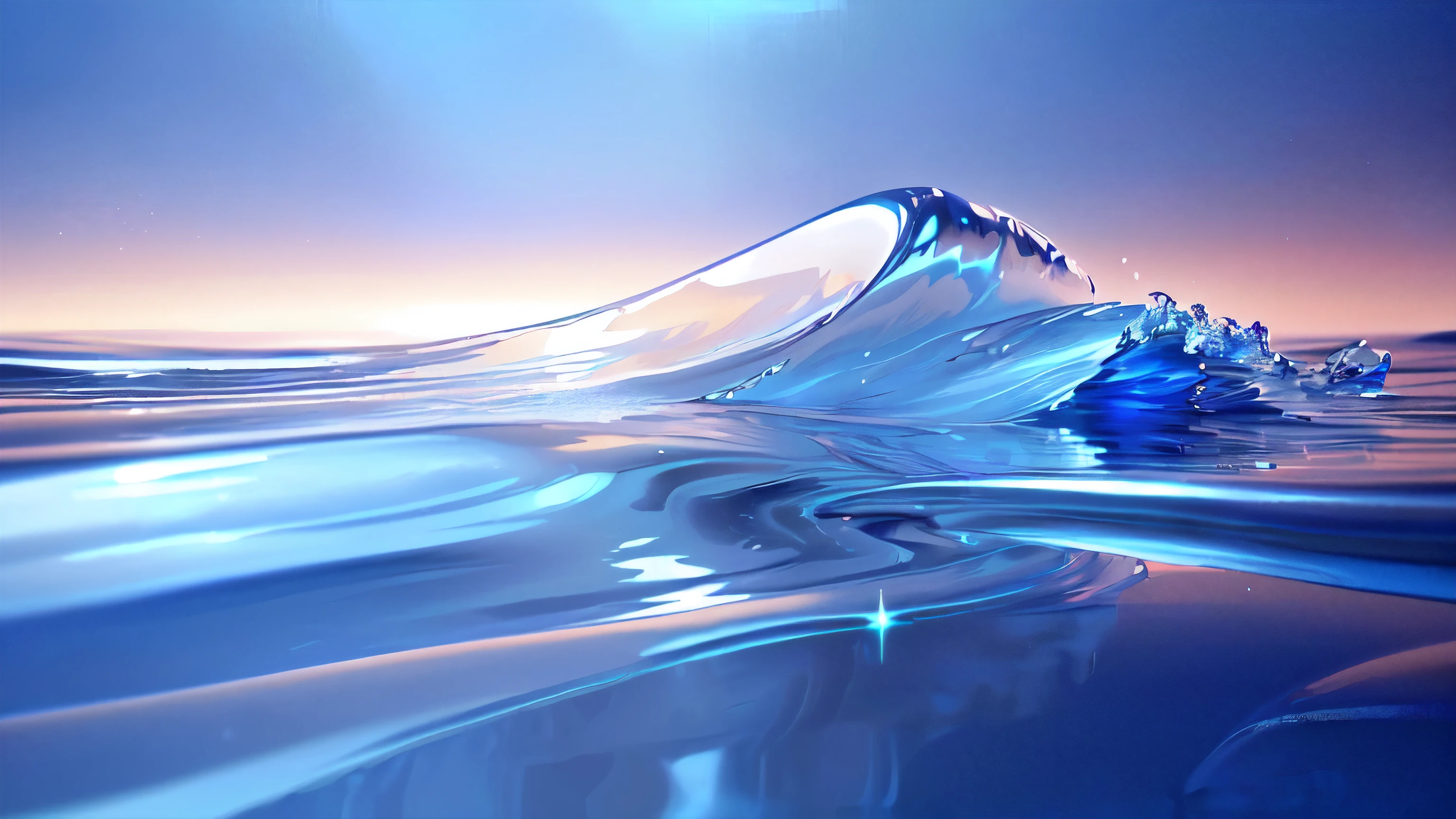 There is a big wave in the sea, Smooth surface, smooth shiny metal, Liquid simulation background, shiny metallic glossy skin, abstract liquid, shiny gloss water reflections, fluid simulation, chrome reflection, 3 d fluid simulation render, liquid glass, blue soft light, flowing material, Beautiful wallpapers, the blue whale crystal texture, Smooth 3D CG rendering, shiny metal