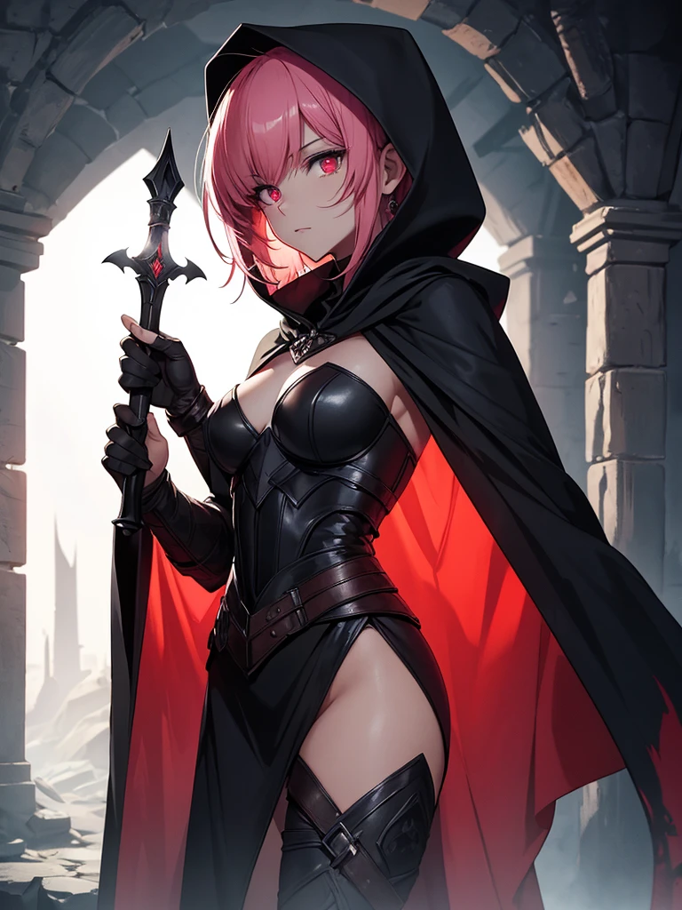 (High-resolution, high-quality), illustration of a character in a dark, medieval fantasy setting. The character is Berna and is depicted in a night assassin state. She has short pink hair and red eyes. She is about 150 cm tall and looks . She wears an indigo cloak with intricate designs and covers her head with an indigo hood. Her costume is revealing, consisting of armor-like pieces that cover her arms and legs and minimal clothing that accentuates her figure. Dirty white bandages are wrapped around both arms. In one hand, he holds a dull red dagger. The background is a dimly lit dungeon or underground lair, with stone walls and barrels lit by torches. The mysterious, dark atmosphere highlights the stealth and danger of the character. ((Except for his face, he has a tattoo that looks like a pink line.)) nsfw