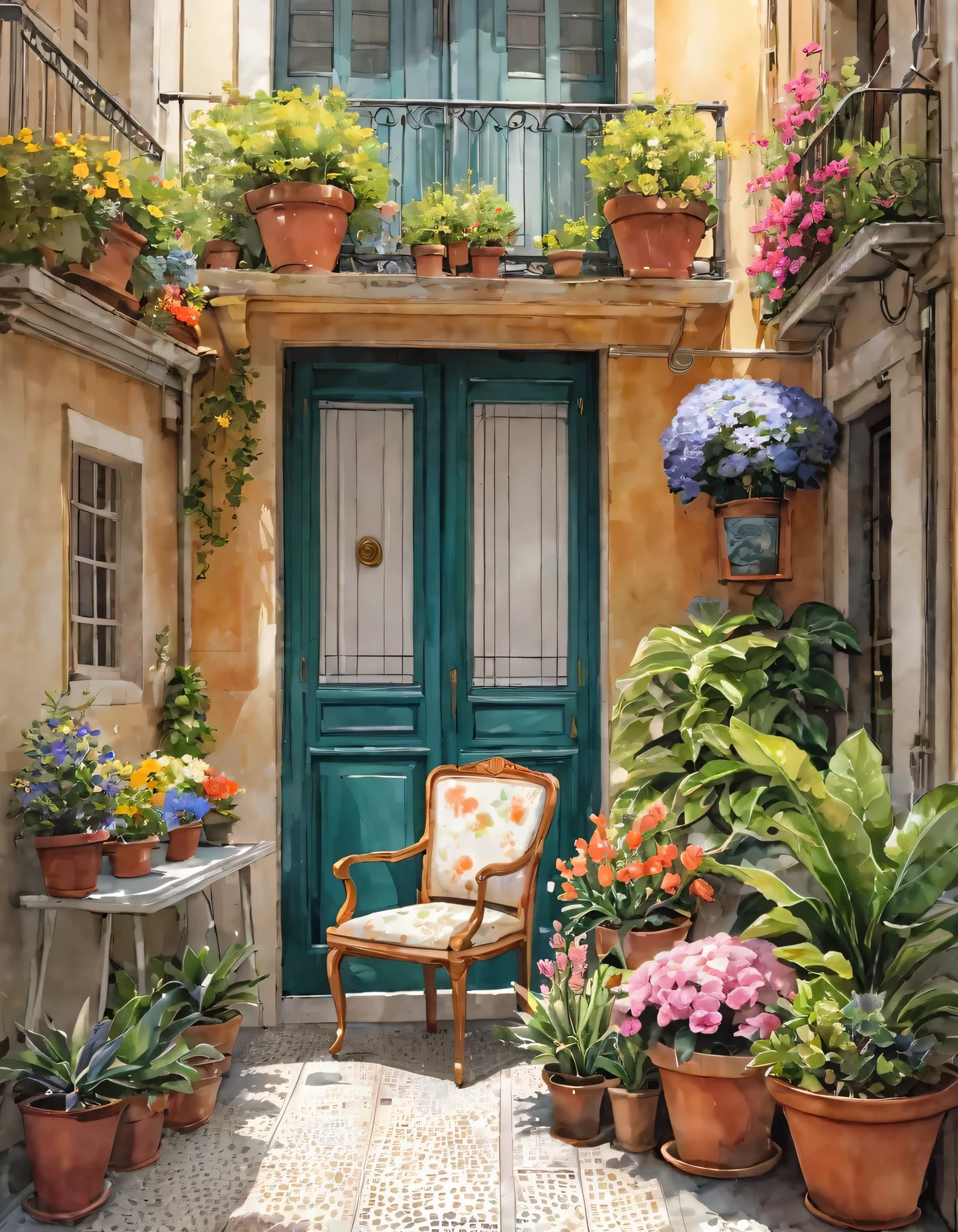 Flower shop,Coffee spots,gauges,a chair,No one,janelas,Flowers,a plant,Plants in pots,aquarelle (mediating),Landscapes,doors,air conditioner,picure (mediating),Traditional media,casa,Outdoors,terrazzo,architecture,Masterpiece,Best quality,High quality,a plant,, Masterpiece,Best quality,High quality,