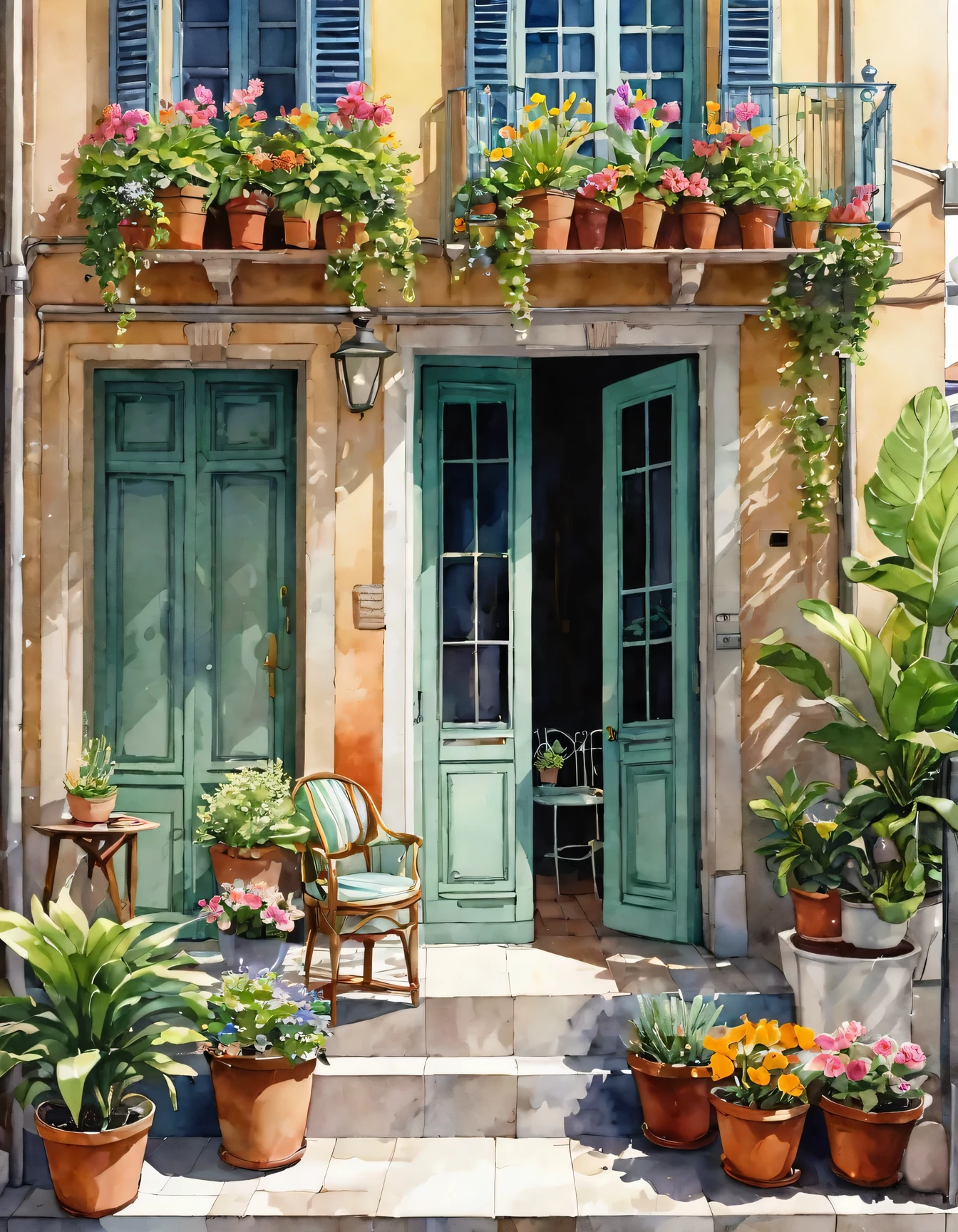 Flower shop,Coffee spots,gauges,a chair,No one,janelas,Flowers,a plant,Plants in pots,aquarelle (mediating),Landscapes,doors,air conditioner,picure (mediating),Traditional media,casa,Outdoors,terrazzo,architecture,Masterpiece,Best quality,High quality,a plant,, Masterpiece,Best quality,High quality,