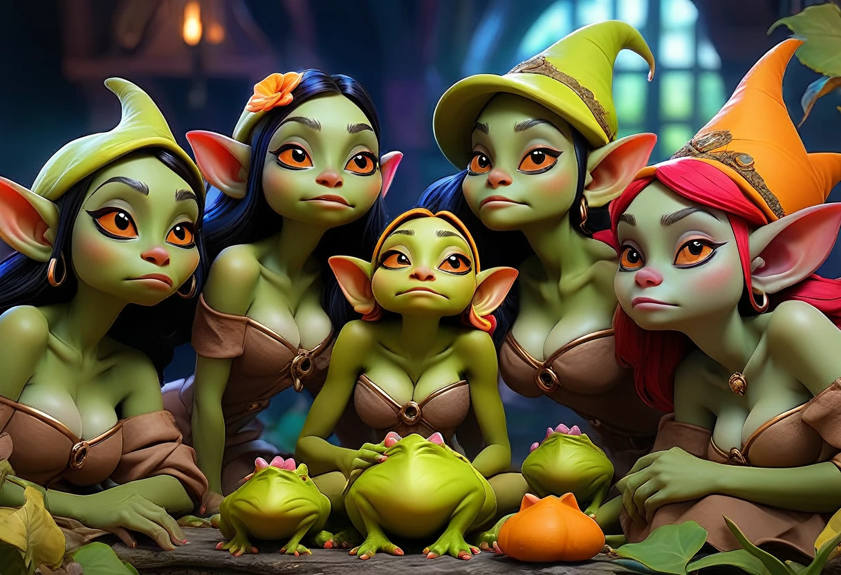 A beautiful group of alluring goblin women in fantasy lingerie, seductively surrounding a vibrant, oversized toad, licking and intoxicated, some passed out, detailed faces, elegant poses, intricate costumes, surreal environment, vivid colors, masterpiece, 8k, hyper-detailed, cinematic lighting, fantasy art style