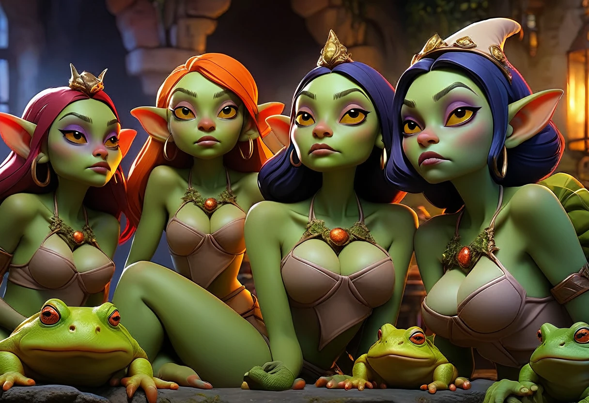 A beautiful group of alluring goblin women in fantasy lingerie, seductively surrounding a vibrant, oversized toad, licking and intoxicated, some passed out, detailed faces, elegant poses, intricate costumes, surreal environment, vivid colors, masterpiece, 8k, hyper-detailed, cinematic lighting, fantasy art style