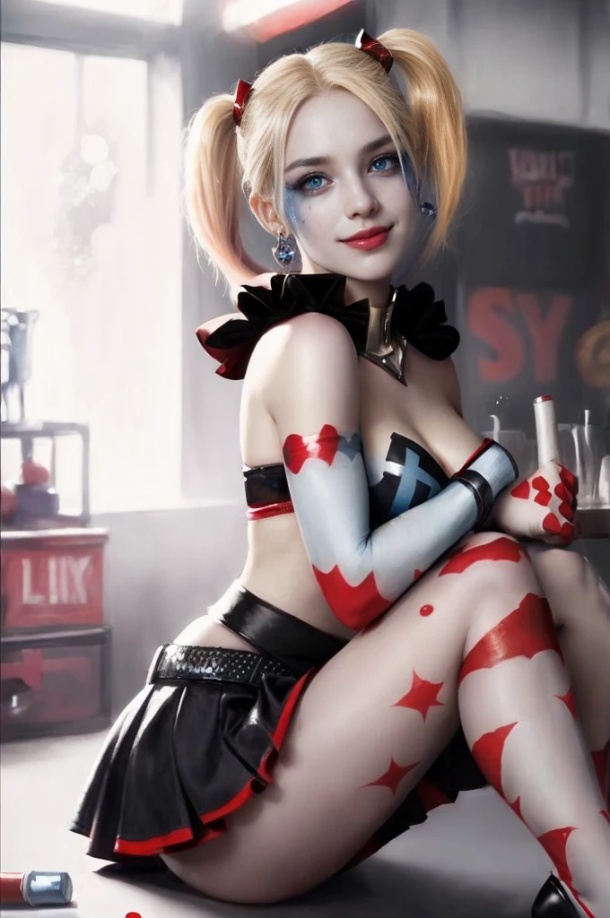 Harley Quinn из DC Comics, CGI with clear focus, Photorealistic, high detail, Realistic, Masterpiece, absurdress, Best Quality, HDR, hiquality, hight resolution, Extremely detailed, 8k wallpaper, intricate details, 8K UHD, Full-HD, (foto realista:1.2), Contrast, sharp lighting, Cinematic lighting, natural lighting, hard light, Backlighting, Global Illumination, Environment Occlusion, Harley Quinn, seeting on sofa