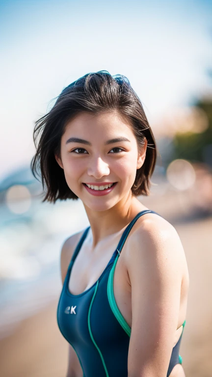 (8k, RAW photo, best quality, masterpiece:1.2), (realistic, photo-realistic:1.4), (extremely detailed 8k wallpaper), sharp focus, depth of field, blur background, bokeh, cinematic lighting, soft light, upper body, 20 years old cute actress on the beach.short hair, (swimsuit: 1.5), smile