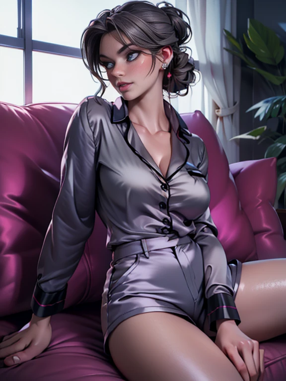 (Masterpiece: 1.5), (Best Quality: 1.5), (full body), 1girl, solo, brunettes wrap updo hair, huge breasts, makeup, parted lips, upper body, lips, blue eyes, realistic, collarbone, lipstick, eyeshadow,  perfect face, perfect eyes, subsurface scattering, medium breasts, wide hips, wearing ((gray satin shirt, satin shorts pyjamas)), sitting on sofa, living room, ultra-high details,