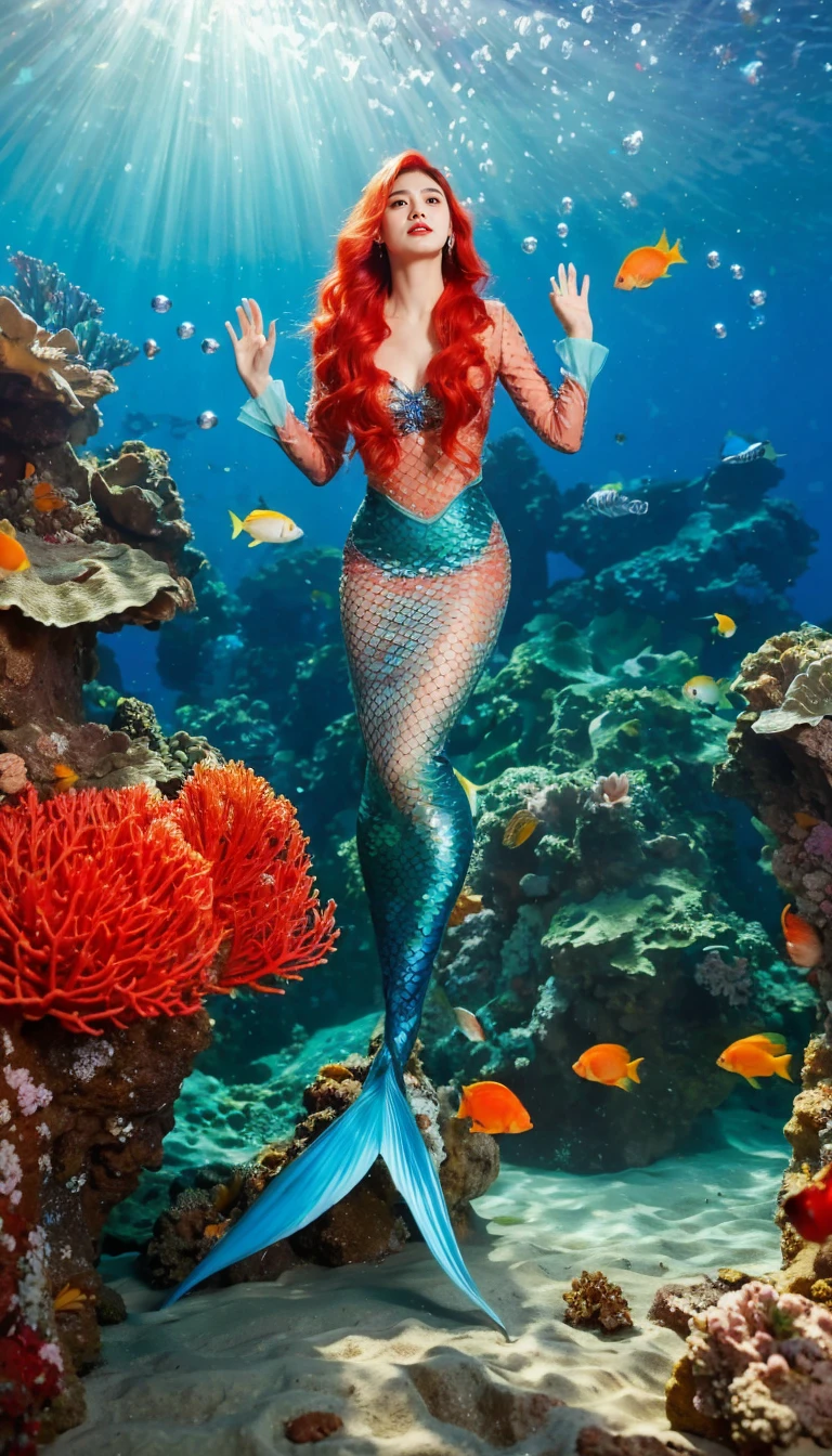 The mermaid singing with her head raised and eyes closed,Full body portrait,Gorgeous fish scale pattern tights,Semi-sheer silk long sleeves,Sitting on coral,Beautiful fish tail,Red Hair,Bubbles,Gorgeous coral world under the sea,ray casting,xianxia