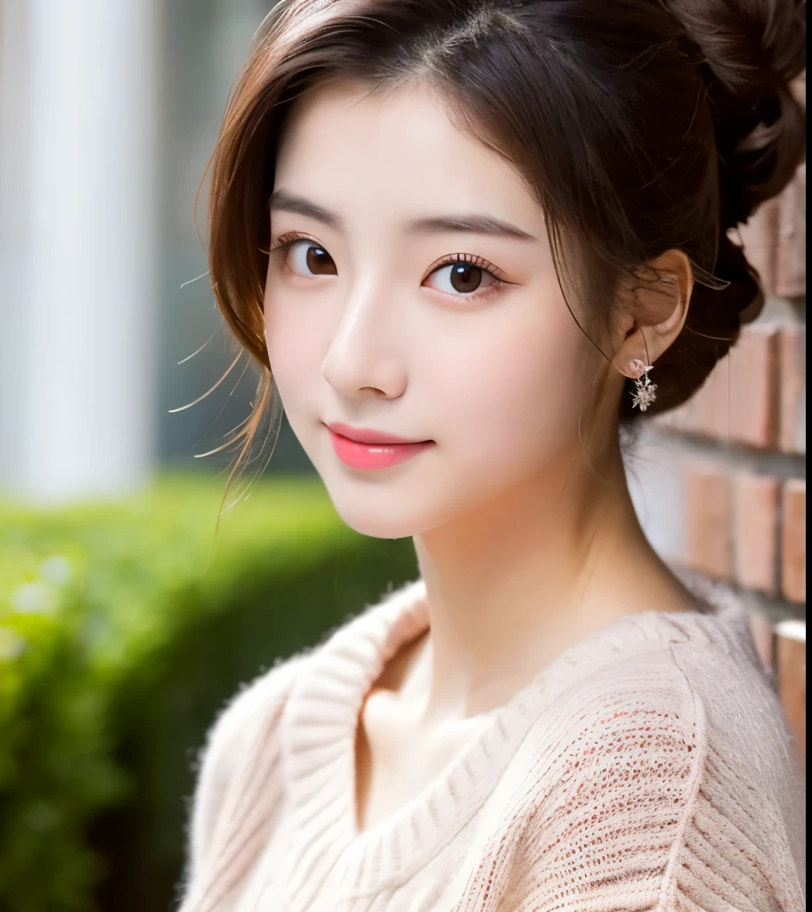 25 years Old woman, sweater, Open Chest, beauty face, thin, Updo hair style, medium breast
