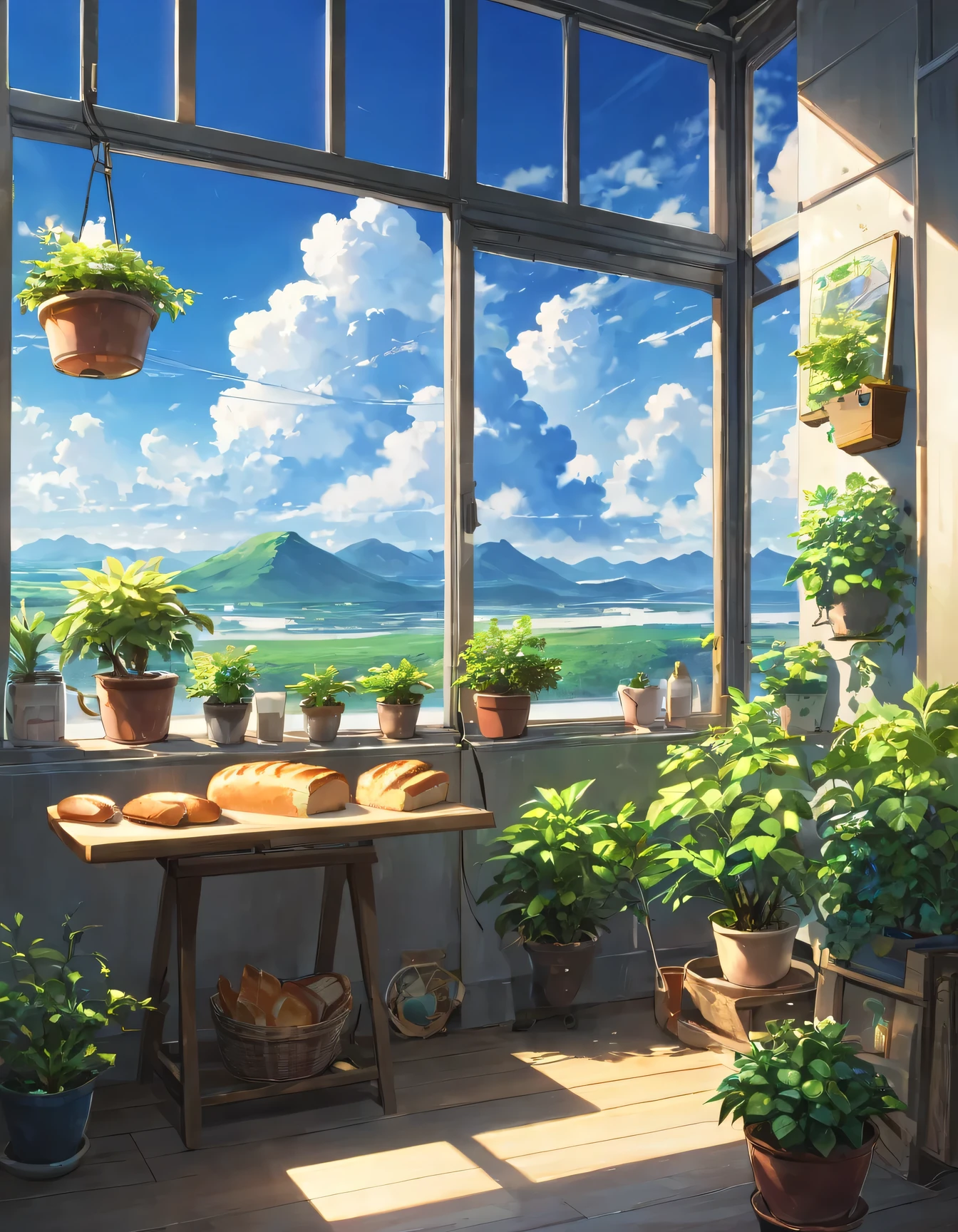 (masterpiece:1.2), best quality,pixiv,Warm animated scenes,
landscape, no humans, Sky, plant, window, food, cloud, Sky, cup, shelf, tree, able, table, bottle, Sunlight, blue Sky, indoors, potted plant, bread, plate, Chair, shop, electric fan,