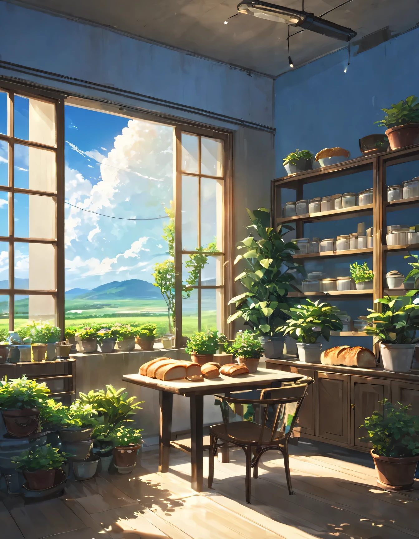 (masterpiece:1.2), best quality,pixiv,Warm animated scenes,
landscape, no humans, Sky, plant, window, food, cloud, Sky, cup, shelf, tree, able, table, bottle, Sunlight, blue Sky, indoors, potted plant, bread, plate, Chair, shop, electric fan, 
 