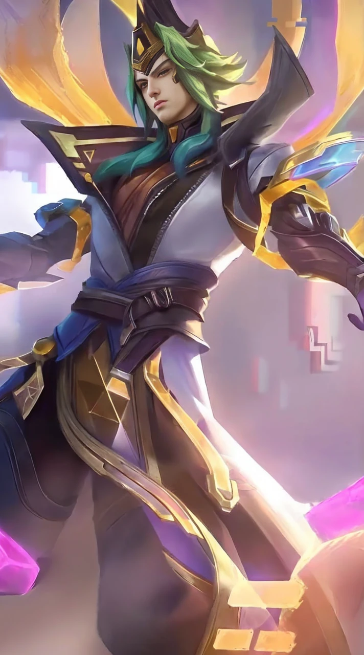 (absurdres, highres, ultra detailed, HDR), masterpiece, best quality, Android Game Character , short hair, handsome boy, anime eyes, Mobile Legends Hero, detailed scebe, detailed character