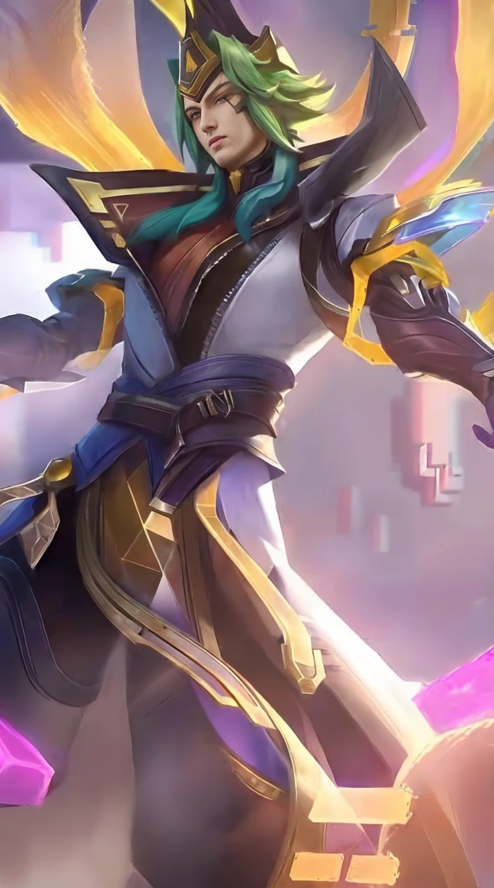 (absurdres, highres, ultra detailed, HDR), masterpiece, best quality, Android Game Character , short hair, handsome boy, anime eyes, Mobile Legends Hero, detailed scebe, detailed character