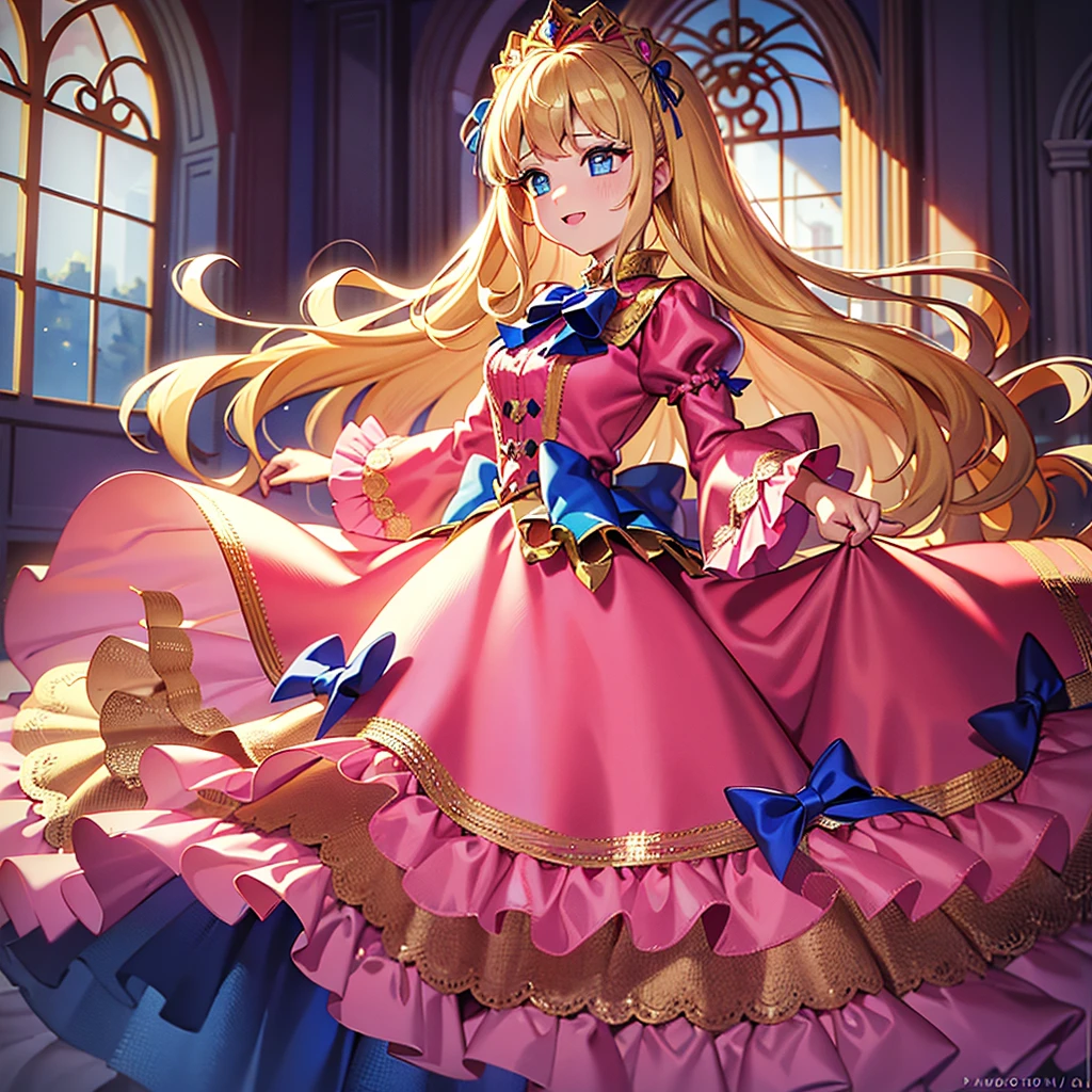 a young girl in a beautiful, detailed princess dress with puff sleeves, long blonde hair, and blue eyes, dancing happily in an elegant palace interior, the dress made of shiny, soft silk satin in a vibrant shade of pink with lots of frills, ribbons, and lace details, masterfully rendered in the highest quality, ultra-detailed, photorealistic style