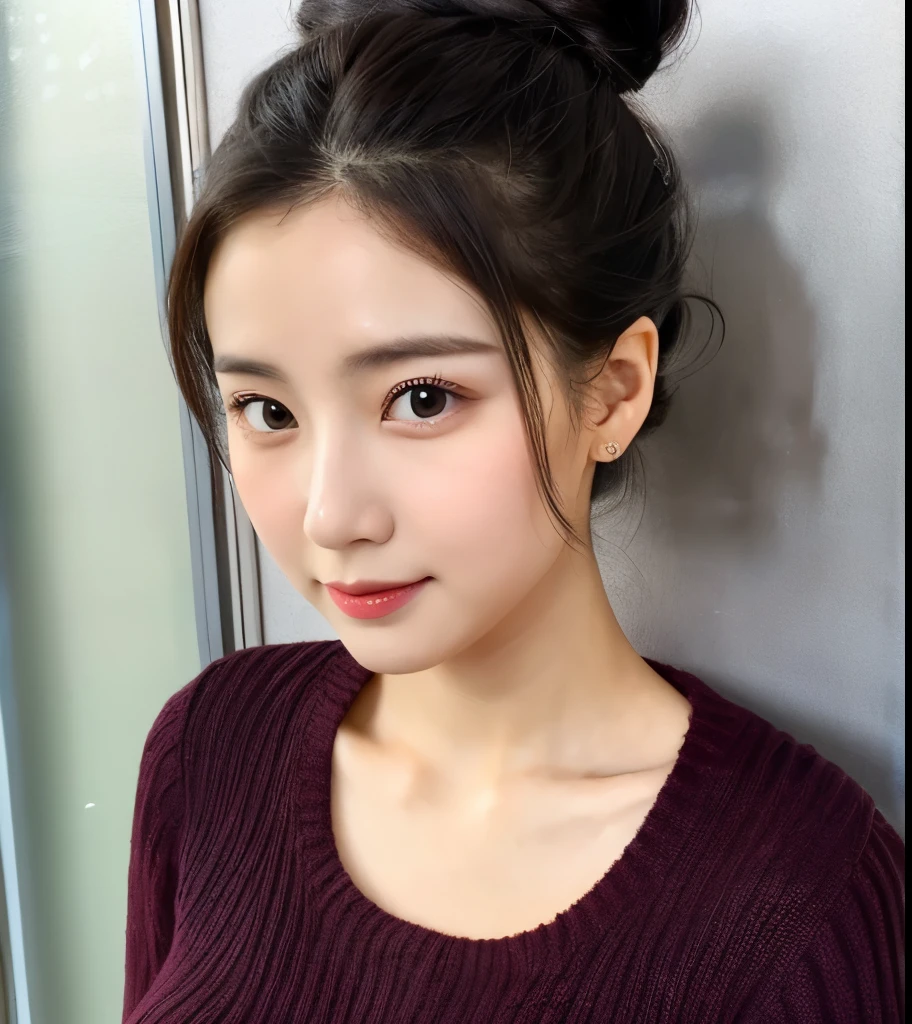 25 years Old woman, sweater, Open Chest, beauty face, thin, Updo hair style, medium breast