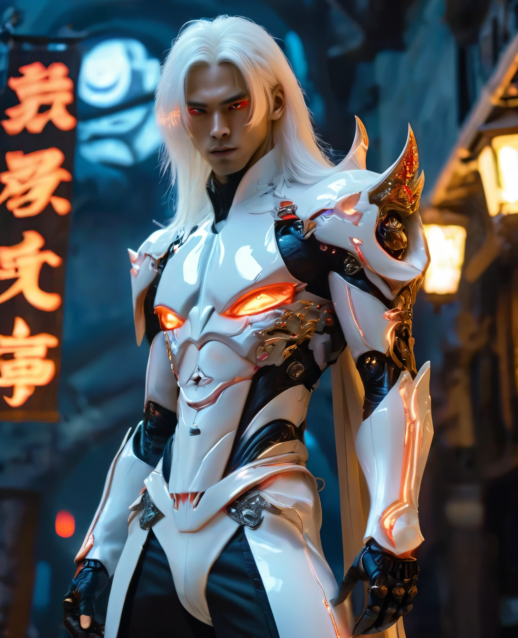 Highly detailed photo of a gorgeous vampire alien male, japanese cute guy, fang, naissance, Long white hair, Complex white eyes, Fantasy, Mysterious, Super detailedな, 32K resolution, Dynamic Lighting, Covered navel, Super detailed, Exquisitely crafted, Trending on Art Station, White luxury suit, Volumetric lighting, Balenciaga Style, castle background,