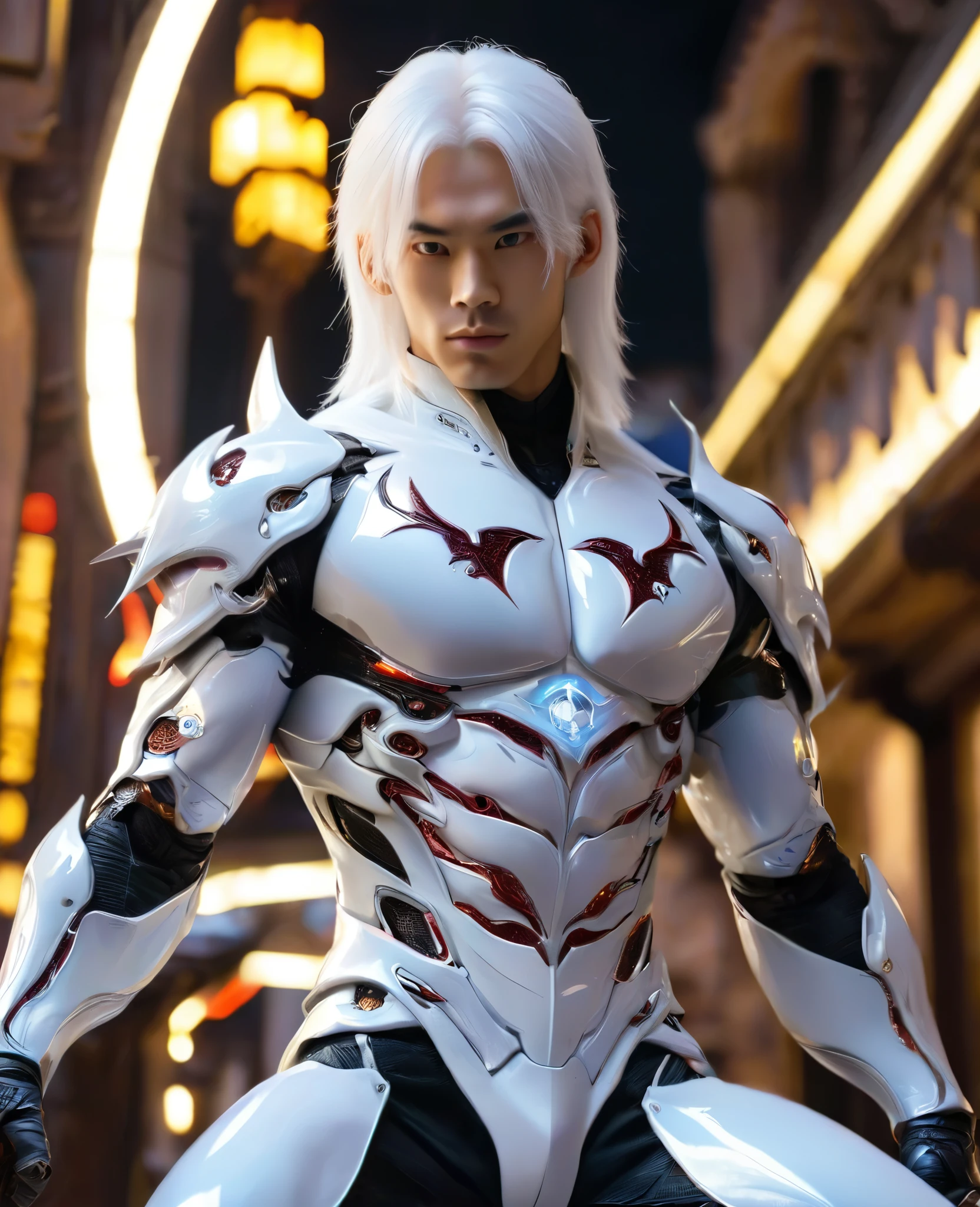 Highly detailed photo of a gorgeous vampire alien male, japanese cute guy, fang, naissance, Long white hair, Complex white eyes, Fantasy, Mysterious, Super detailedな, 32K resolution, Dynamic Lighting, Covered navel, Super detailed, Exquisitely crafted, Trending on Art Station, White luxury suit, Volumetric lighting, Balenciaga Style, castle background,