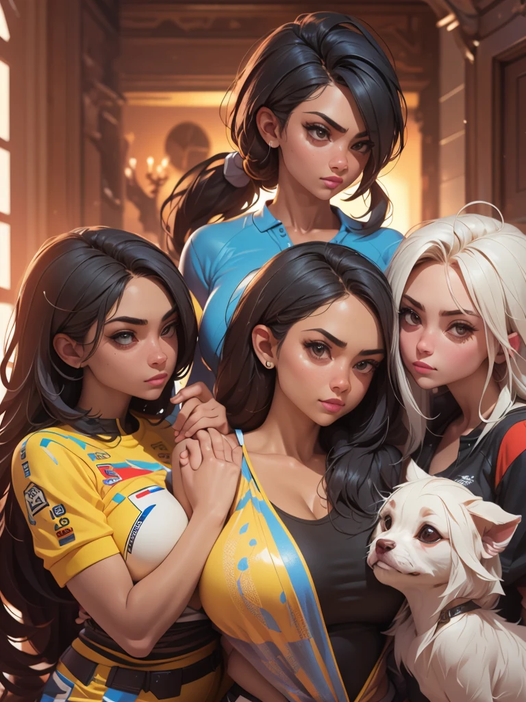 (Best Quality, 2k, Masterpiece, QHD: 1.3, A Handsome short haired african barbarian man is surrounded by three women up against him touching him and gaze at him, at a mansion, wearing Tracksuits that show off body, perfect bodies, women: long flowing hair, seductive, materials, golden hour, , jewelry, golden hour, photorealistic, masterpiece, in love, small grin, perfect faces, Flirtatious-groping