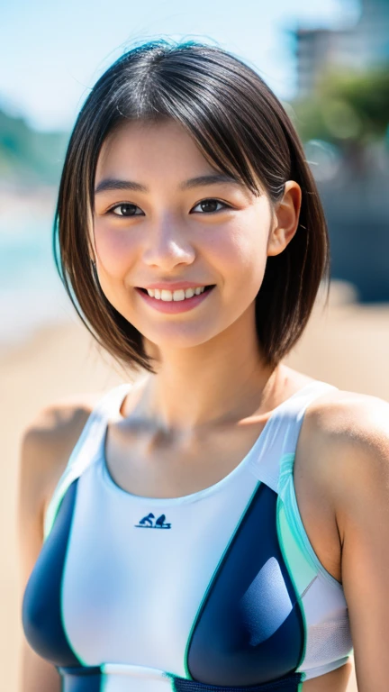 (8k, RAW photo, best quality, masterpiece:1.2), (realistic, photo-realistic:1.4), (extremely detailed 8k wallpaper), sharp focus, depth of field, blur background, bokeh,  cinematic lighting, soft light, upper body, 20 years old Japanese idol on the beach.short hair, (swimsuit: 1.5), smile