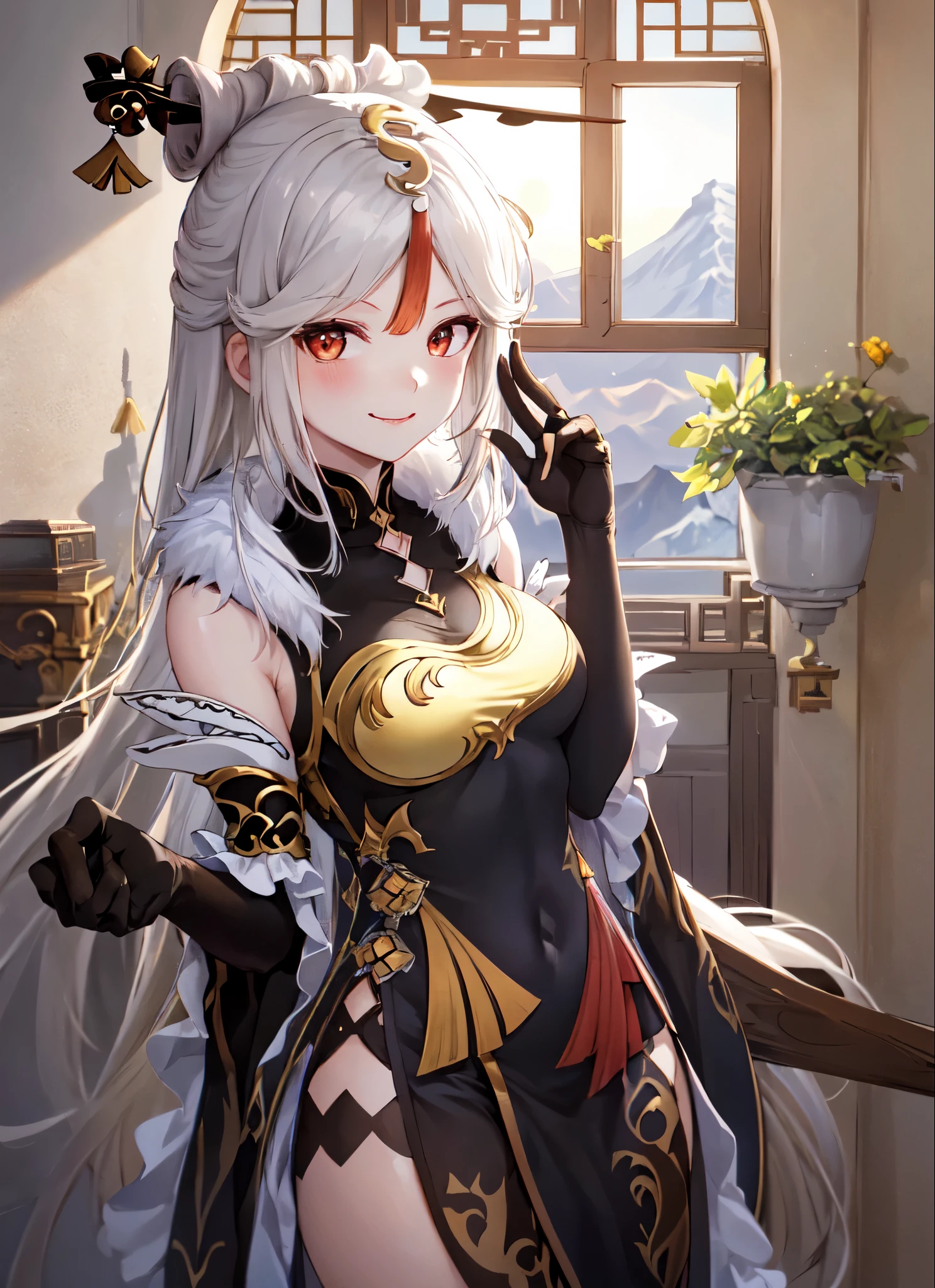 ningguangdef, , At home under a sunny window, shiny thighs, seductive, seductive dress, sun entering through the window, upper body, He smiles, Blush, in the fresh air, day, pseudo reality , blue sky, short hair, sky, Temple, Looking at the viewer, stairs, mountain, moody lighting, Facing the viewer,