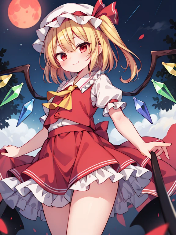 masterpiece, best quality,ultra detail, Flandre_Scarlet_Touhou,1girl, blonde hair, wings, red eyes, looking at viewer, blush, hat, crystal, one side up, ribbon, night sky,red moon,evil smile,flying sky,floating air,from below