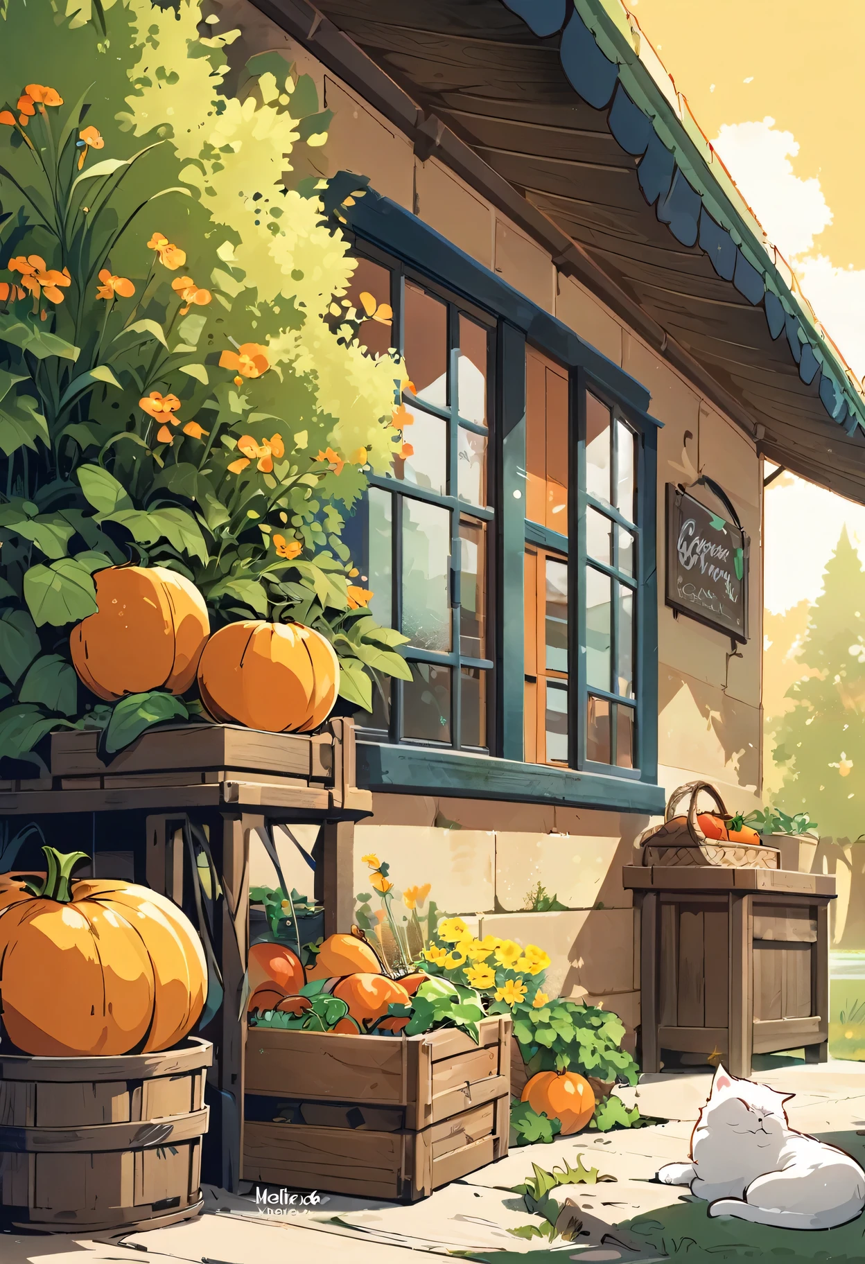 fresh illustration, flat paint style, no humans, leaf,plant, grass, flower, carrot, basket, food, white cat, tomato, simple background, fruit, pumpkin, sitting, potted plant, lettuce, door, closed eyes, yellow flower, tree, open window, apple, storefront, artist name, vegetable, crate, curtains, orange flower, scenery, outdoors, windowsill, mushroom, english text, yellow background, sign, sleeping, house, signature,