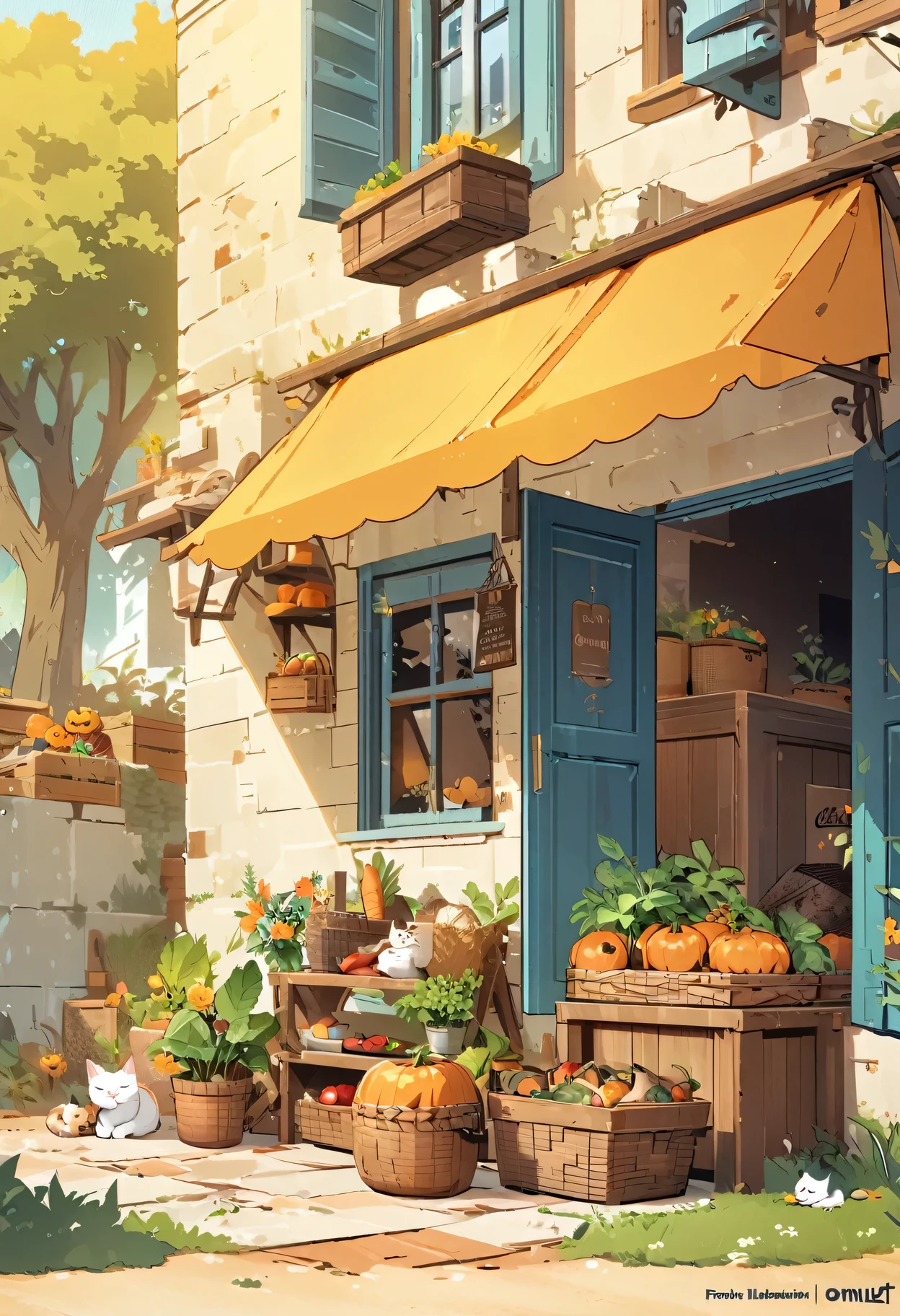 fresh illustration, flat paint style, no humans, leaf,plant, grass, flower, carrot, basket, food, white cat, tomato, simple background, fruit, pumpkin, sitting, potted plant, lettuce, door, closed eyes, yellow flower, tree, open window, apple, storefront, artist name, vegetable, crate, curtains, orange flower, scenery, outdoors, windowsill, mushroom, english text, yellow background, sign, sleeping, house, signature,