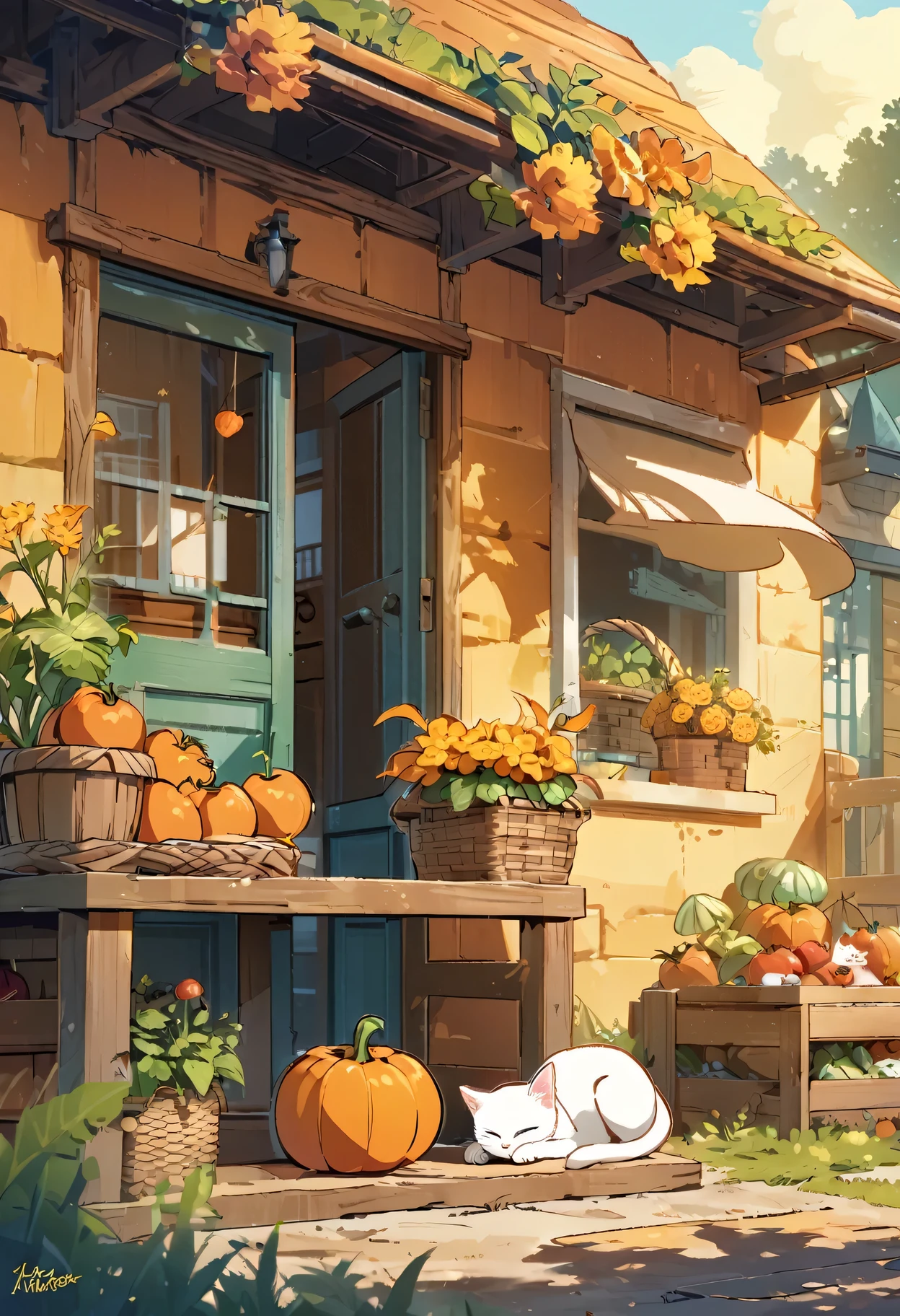 fresh illustration, flat paint style, no humans, leaf,plant, grass, flower, carrot, basket, food, white cat, tomato, simple background, fruit, pumpkin, sitting, potted plant, lettuce, door, closed eyes, yellow flower, tree, open window, apple, storefront, artist name, vegetable, crate, curtains, orange flower, scenery, outdoors, windowsill, mushroom, english text, yellow background, sign, sleeping, house, signature,