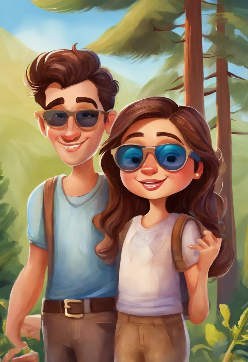 (1girl with long brown hair wearing sunglasses), (1boy with (black short hair), sunglasses and pants), couple taking selfie in the pine forest, mountains and blue sky background, disney pixar style, highly detailed, photorealistic, vibrant colors, perfect lighting, sharp focus, 8k, high quality