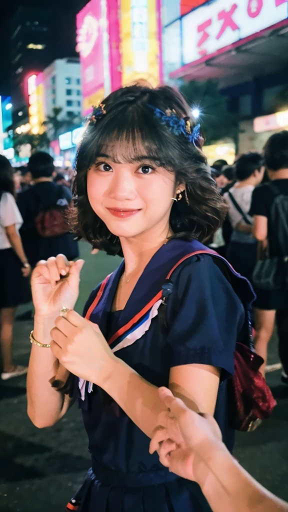 Masterpiece, best quality, ultra high res, art photography, aesthetic wallpaper, professional color grading, cinematic movies by wong kar wai, depth of fields, 50mm, film grain, (photorealistic:1.4), 1girl, Japanese idol girl, the girl wearing black sailor uniform, 80s short hair, night, Shops background, festival, cinematic lighting, chromatic abberation, detailed face , detailed eyes, looking away, front view, blurry background, no smile , (holding hand pov:1.2), Capture beautiful moments together