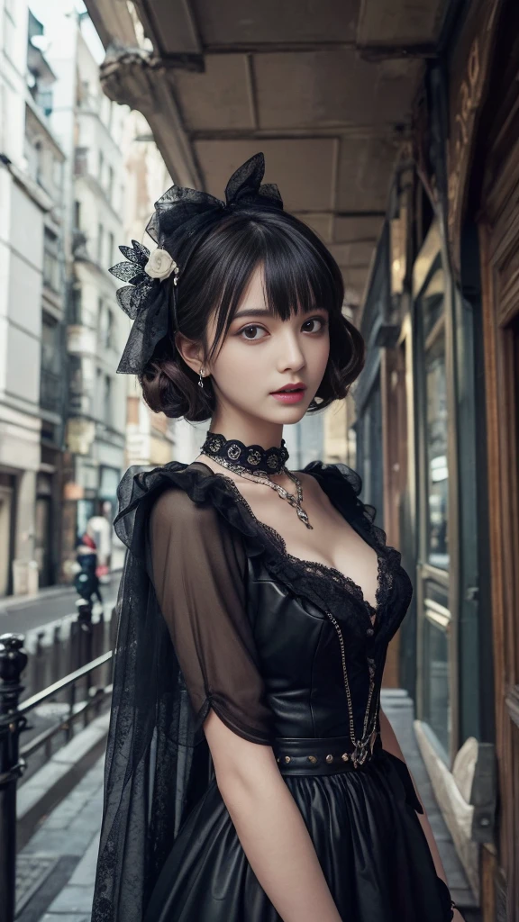 (best quality, Super detailed, masterpiece:1.2), 1 female, very thin body, long and thin legs, black short hair, thick and fluffy bangs, highly detailed face,, small and thin nose, small thin mouth, very sharp focused eyes, Japanese, beautiful face, realistic eyes, fine and beautiful eyes, real looking skin, beautiful skin, charm, (lifelike face), beautiful hairstyle, Victorian style black dress, design with gothic elements, accessories include leather items and studs, chain is important, spooky and unique hairstyle, high image quality, vibrant color palette, mysterious and strange cityscapes, fantastic locations, Tim Burton's signature dark shadows and bizarre details, In the background, Countless black butterflies are flying.