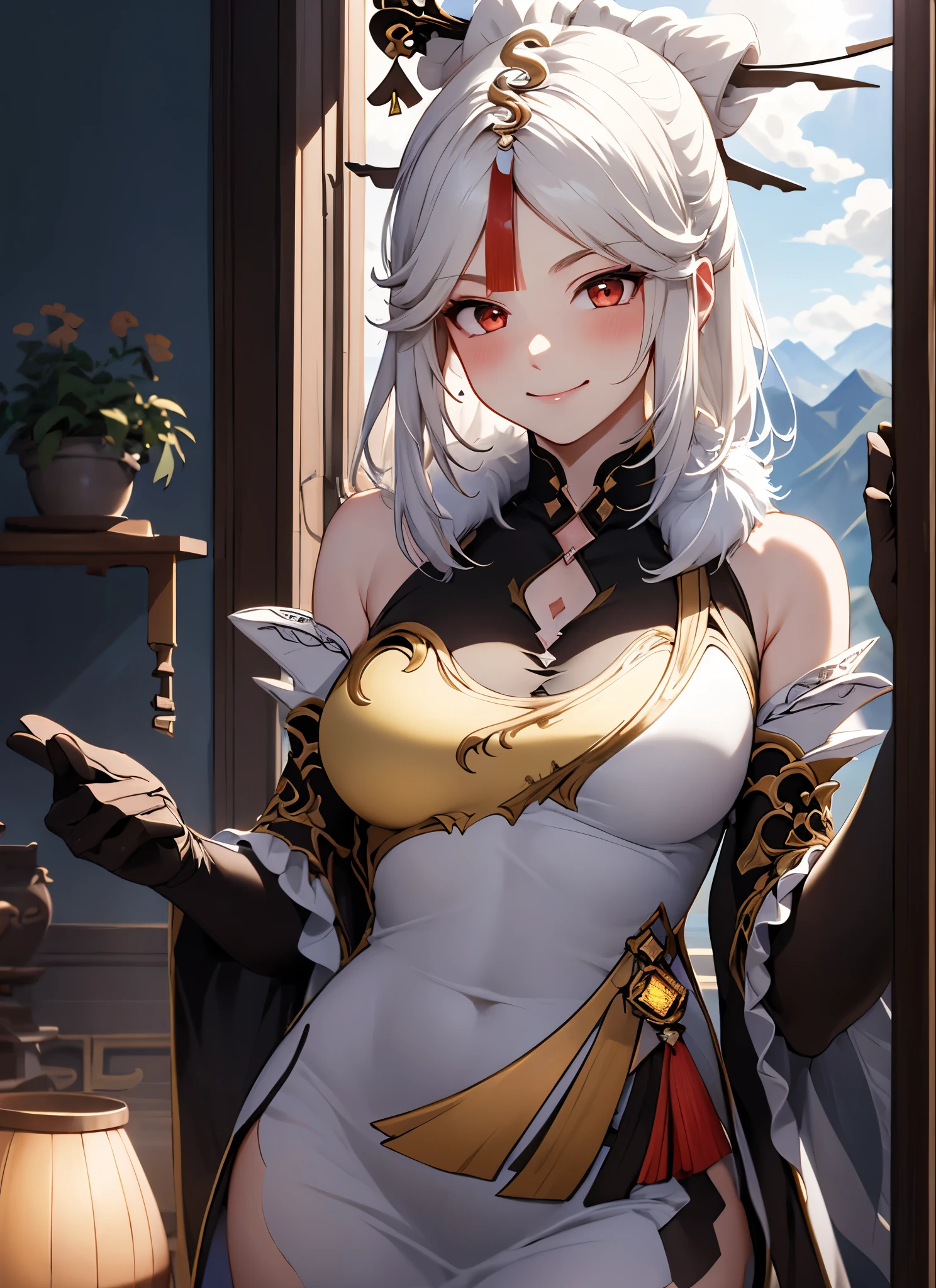 ningguangdef, , At home under a sunny window, shiny thighs, seductive, seductive dress, sun entering through the window, upper body, He smiles, Blush, in the fresh air, day, pseudo reality , blue sky, short hair, sky, Temple, Looking at the viewer, stairs, mountain, moody lighting, Facing the viewer,