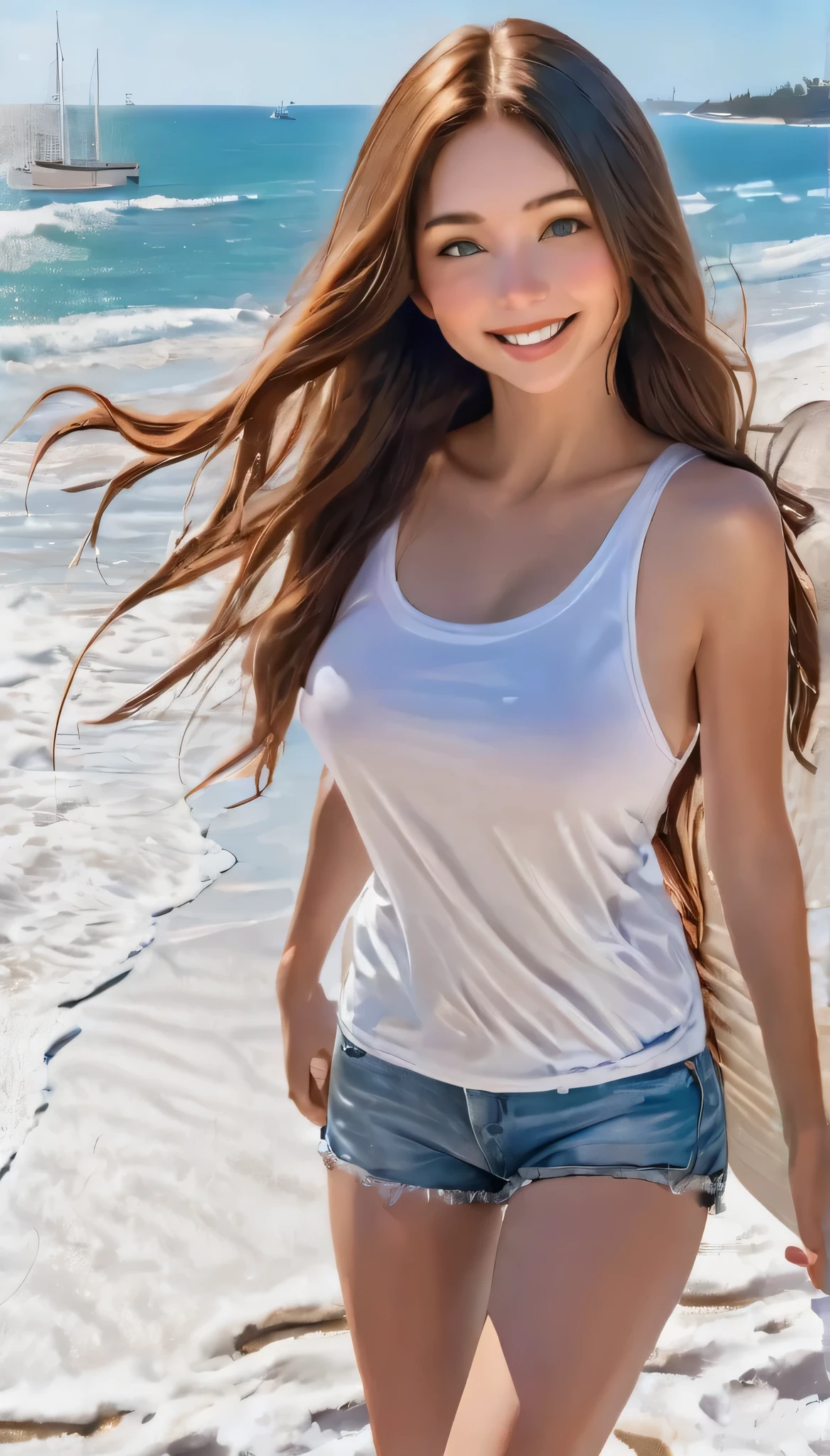 Long Hair, smile, Surrealism, UHigh resolution, Accurate, Anatomically correct, Textured skin, Very detailed, Attention to detail, highest quality, High resolution, (On a wide beach), Paradise Background, D cup breasts, She seen from below, (Oversized Long T-Shirt:1.3),