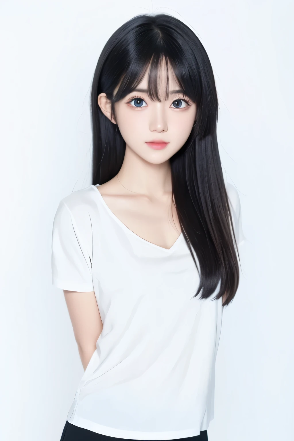 anime,(face),(beautiful detailed eyes), black hair,sliver eyes, masterpiece,looking at viewer, best_quality,white background,masterpiece,white shirt, arms behind back, 