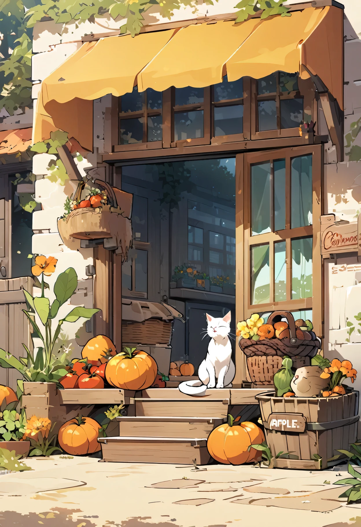 fresh illustration, flat paint style, no humans, leaf,plant, grass, flower, carrot, basket, food, white cat, tomato, simple background, fruit, pumpkin, sitting, potted plant, lettuce, door, closed eyes, yellow flower, tree, open window, apple, storefront, artist name, vegetable, crate, curtains, orange flower, scenery, outdoors, windowsill, mushroom, english text, yellow background, sign, sleeping, house, signature,