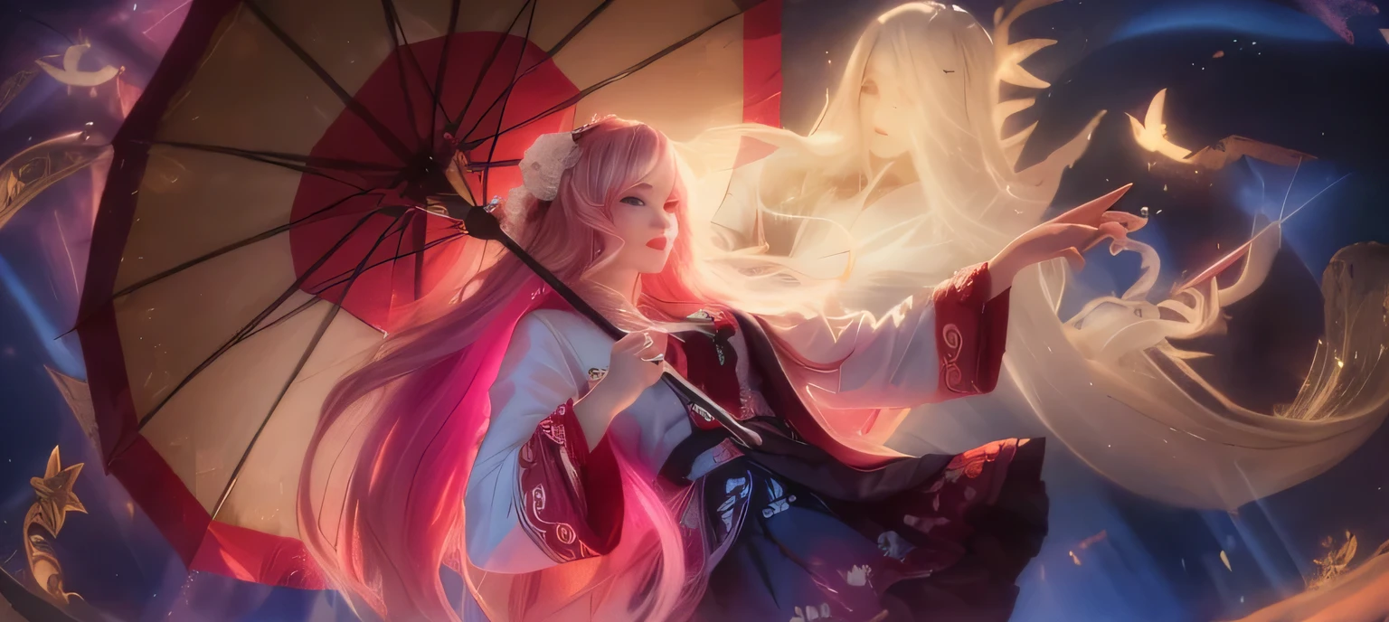 pink long hair pretty girl, holding an umbrella, in white dress with red edges, a pretty girl ghost beside her