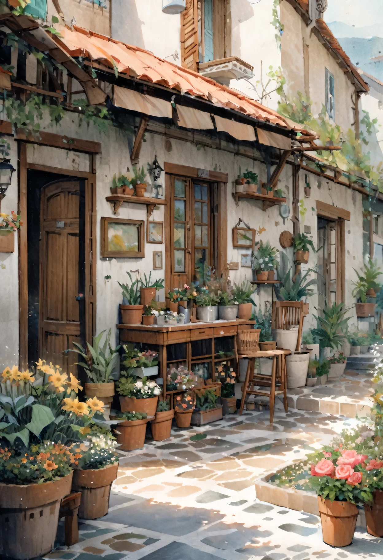 Flower shop,Coffee spots,gauges,a chair,No one,janelas,Flowers,a plant,Plants in pots,aquarelle (mediating),Landscapes,doors,air conditioner,picure (mediating),Traditional media,casa,Outdoors,terrazzo,architecture,Masterpiece,Best quality,High quality,