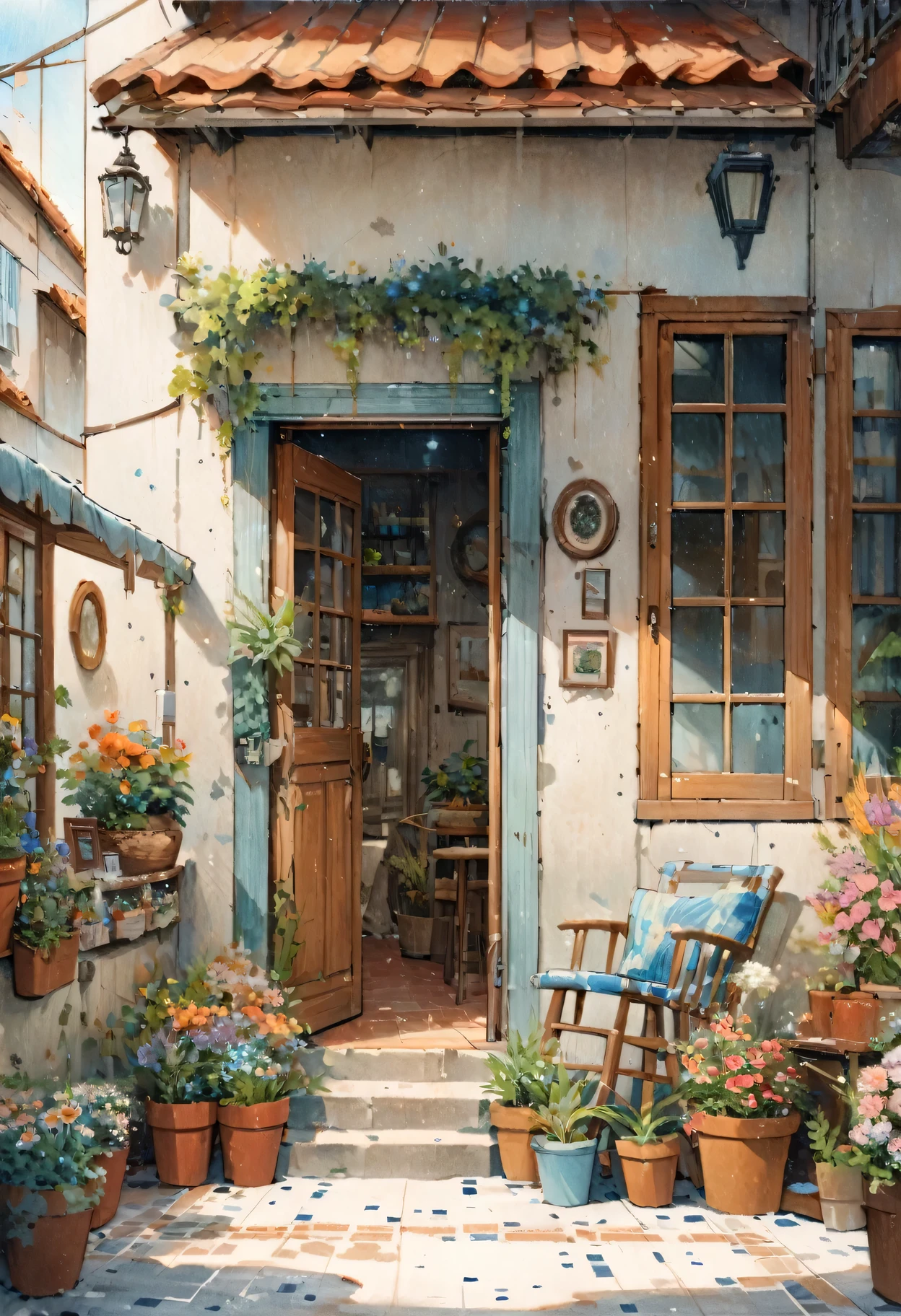 Flower shop,Coffee spots,gauges,a chair,No one,janelas,Flowers,a plant,Plants in pots,aquarelle (mediating),Landscapes,doors,air conditioner,picure (mediating),Traditional media,casa,Outdoors,terrazzo,architecture,Masterpiece,Best quality,High quality,