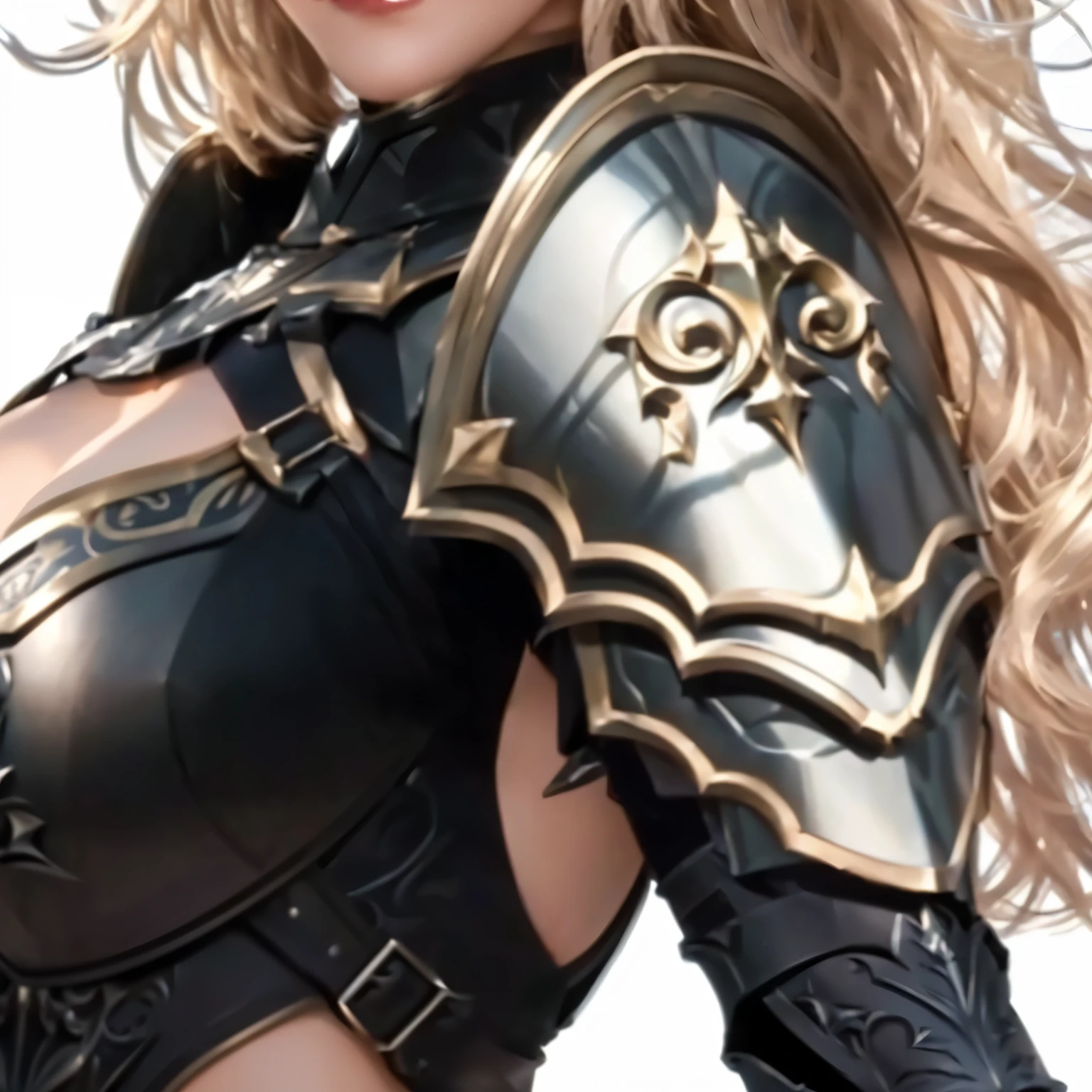 front view,female knight,woman, shoulder armor, fantasy armor, short blond hair, metal armor, dark metal,heavy armor,Intricate armor details, elegant armor, ornate cosplay,hyper realistic face, muscle abs, thick thighs, slim waist, hourglass shape, reply,glowing skin, realistic body,knight, character,Photogenic details on the armor, Intricate armor details