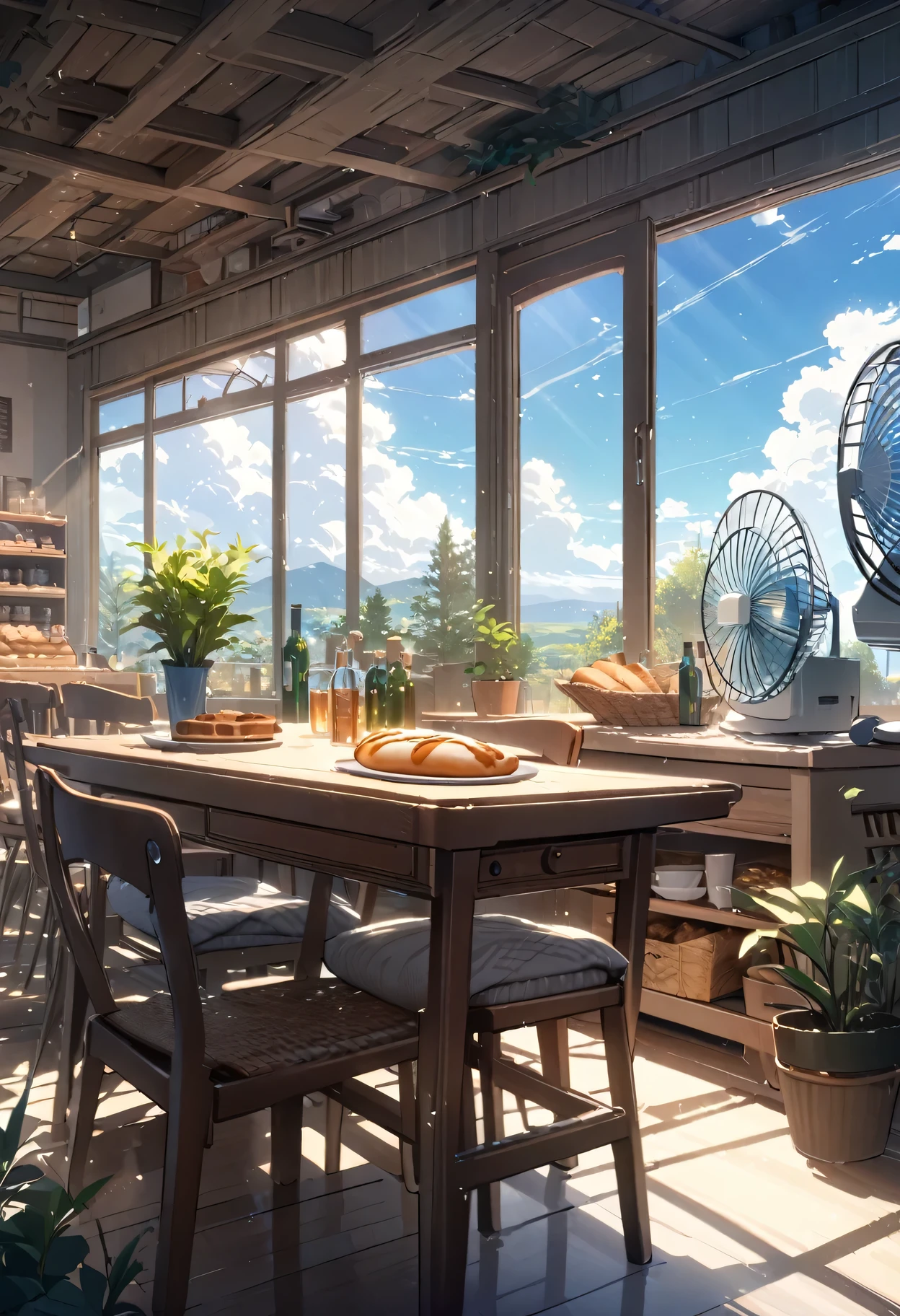 (masterpiece:1.2), best quality,pixiv,Warm animated scenes, landscape, no humans, Sky, plant, window, food, cloud, Sky, cup, shelf, tree, able, table, bottle, Sunlight, blue Sky, indoors, potted plant, bread, plate, Chair, shop, electric fan,