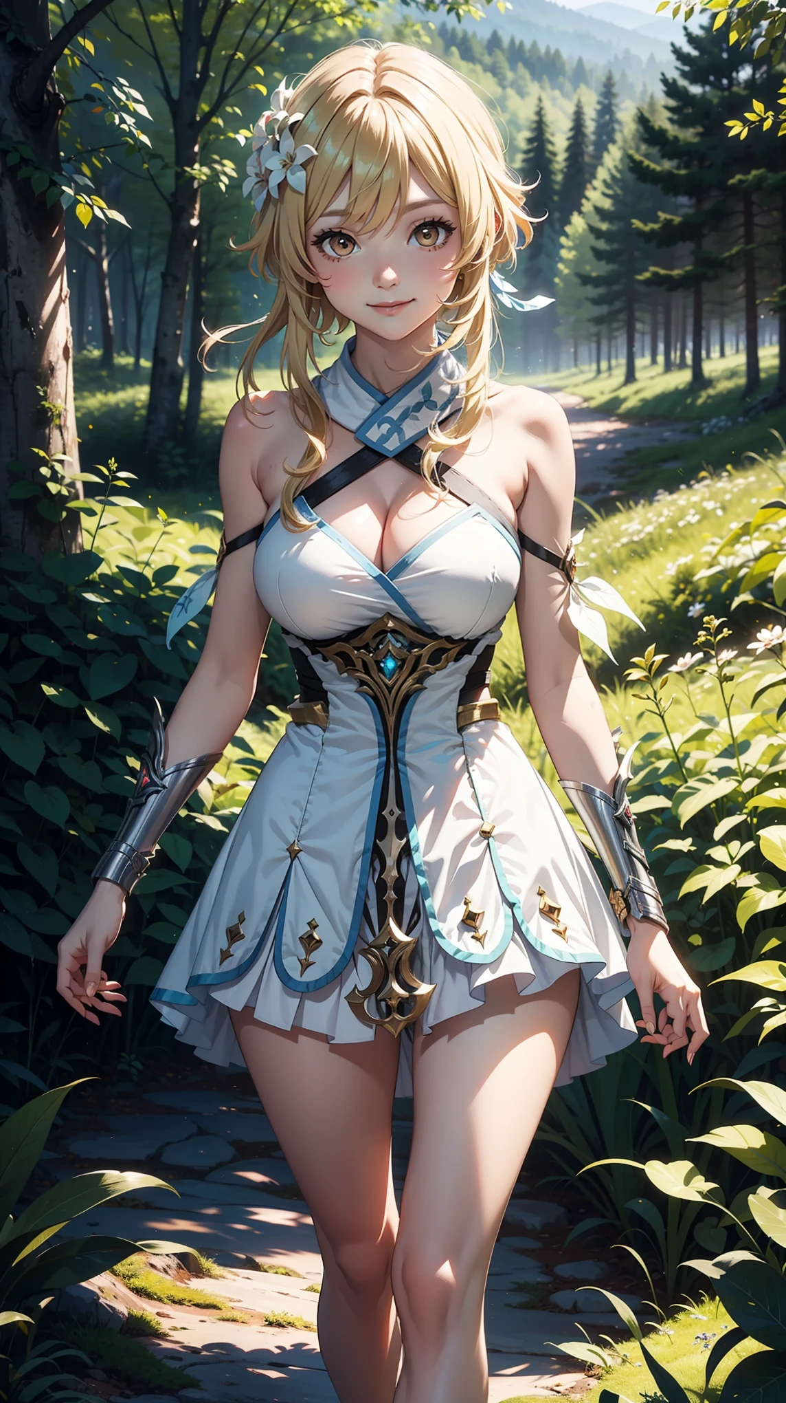(Luminedef), slim body, narrow waist, blush, official art, detail eyes, cg, standing, forest, (expansive landscape photography:1.2),perfect body, smile, colourfull, large breast,