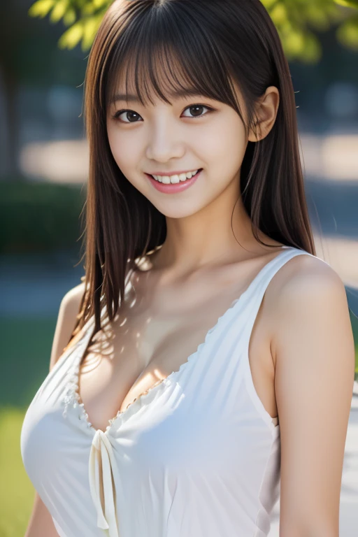(masterpiece:1.3), (8k, Photorealistic, RAW Photos, Best image quality: 1.4), Japanese female college student、clear, Idol Style、(Random hairstyle:1.2)、Super detailed face、Pay attention to the details、double eyelid、Chest to chest、Sharp focus:1.2、Beautiful woman:1.4、((whole body)), ((White blouse、one piece)), highest quality、masterpiece、超A high resolution、(Photorealistic:1.4)、Highly detailed and professionally lit smile、Random Costume、Random Environment、Large Breasts、the chest is almost visible